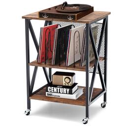 Ecooso - 3-Tier Vintage Rolling End Table with Dividers and Storage Shelf for Albums or Books - Brown