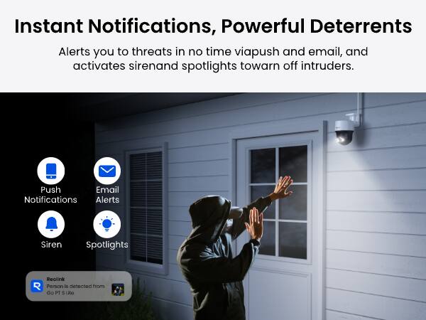 Instant Notifications, Powerful Deterrents  
Alerts you to threats in no time via push and email, and activates siren and spotlights to warn off intruders.

Push Notifications  
Email Alerts  
Siren  
Spotlights  

Reolink  
Person is detected from Go PT S Lite
