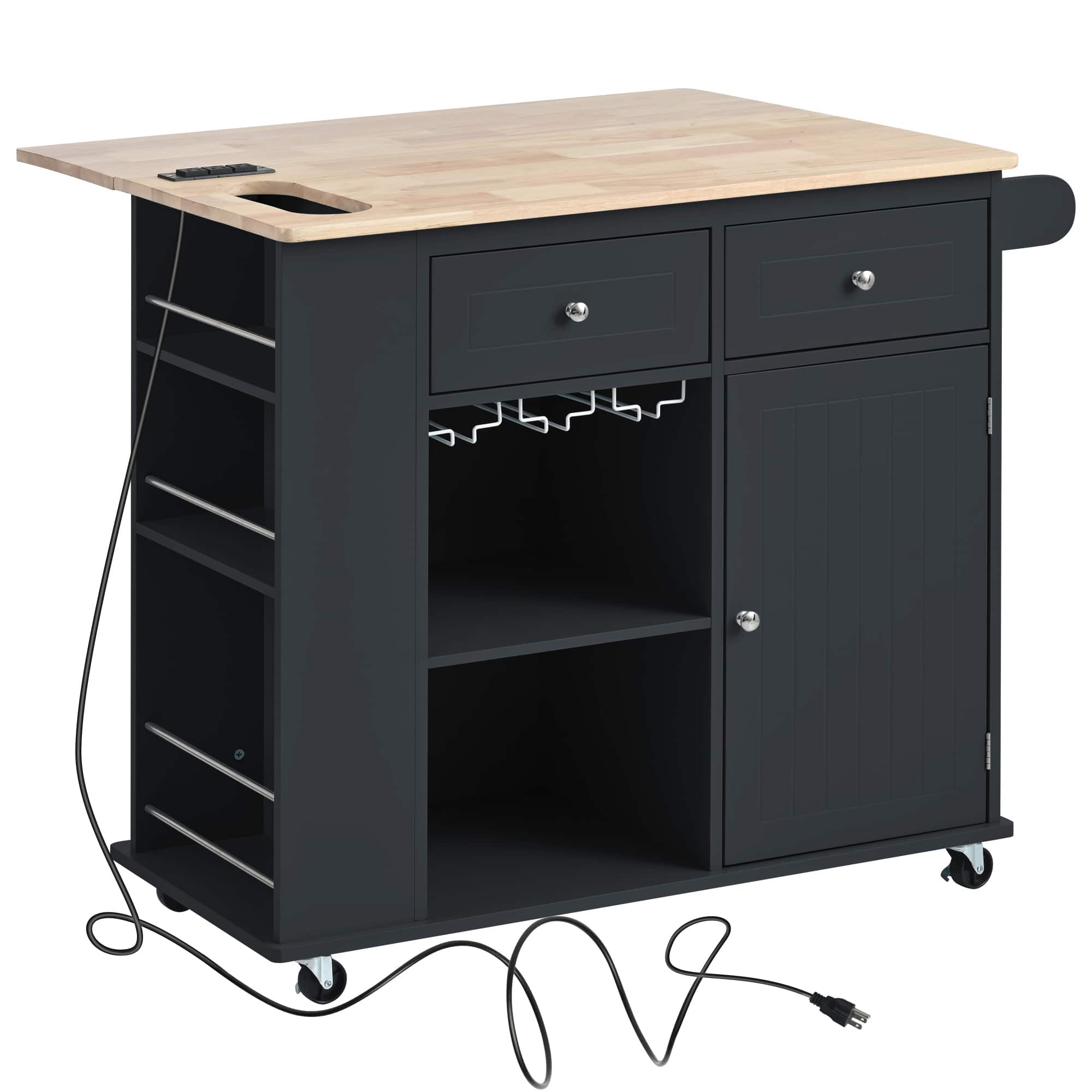 Spaco - Kitchen Island Cart with Power Outlet, Drop Leaf, Rubber Wood Top, Wine Rack, 5 Wheels, Adjustable Storage Shelf - Black