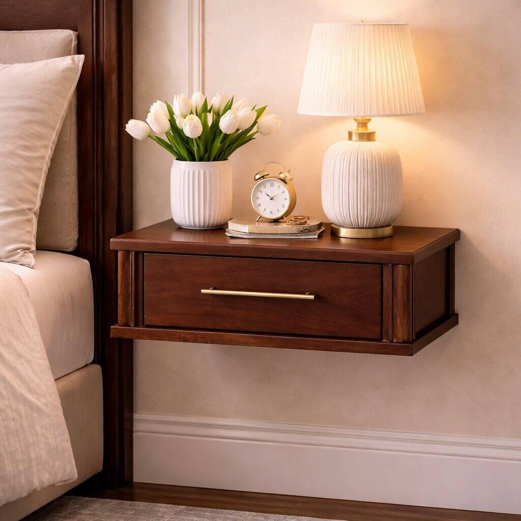 Angle. Artisan Furniture - Artisan Furniture Solid Wood Wall-Mounted Bedside with Brass Handle, 1 Drawer, Dark Brown - Dark brown.