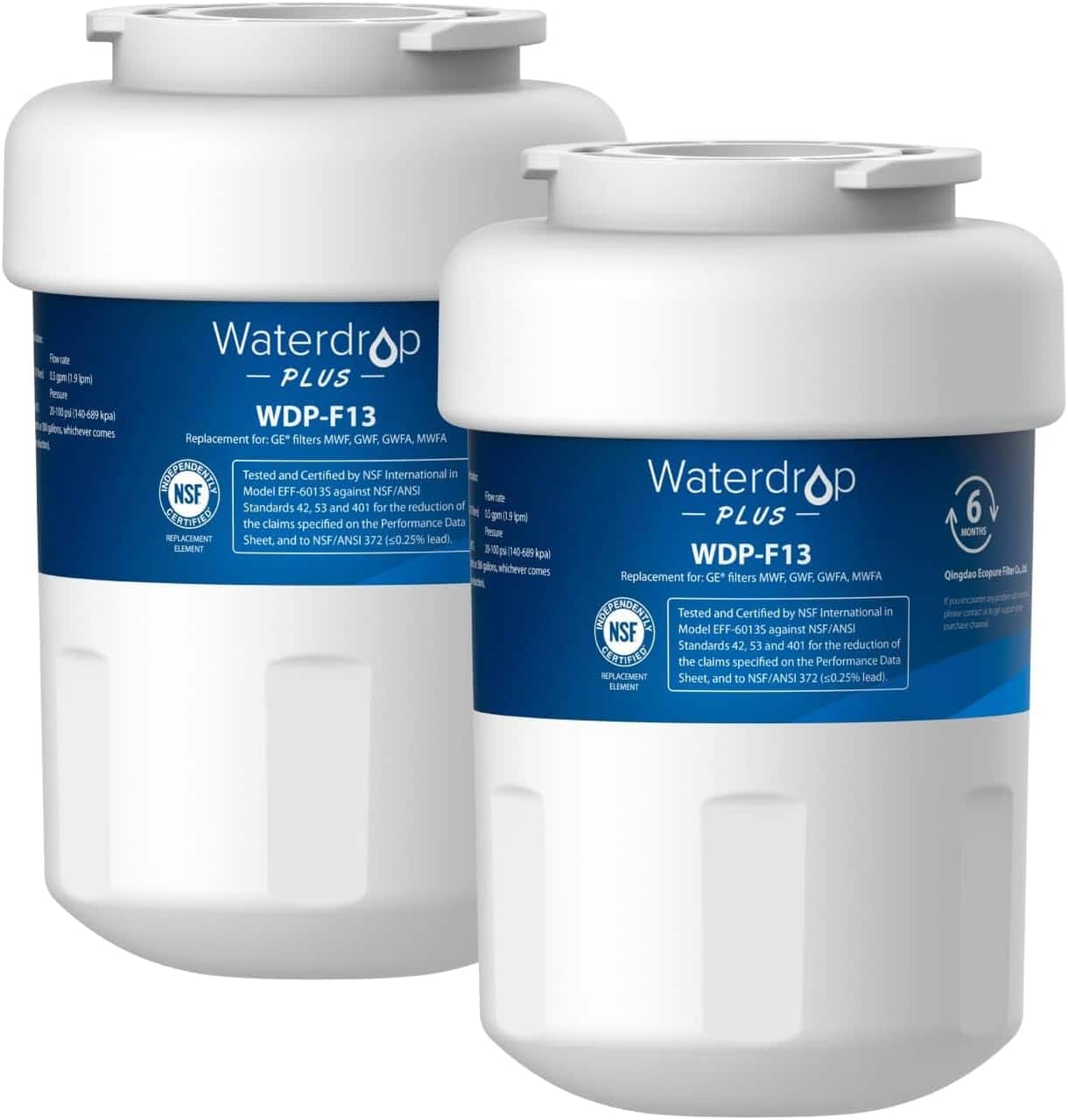 Waterdrop PLUS WDP-F13 Replacement for: GE* filters MWF, GWF, GWFA, MWFA. Tested and Certified by NSF International in NSF Model EFF-601 35 against NSF/ANSI Standards 42, 53 and 401 for the reduction of the claims specified on the Performance Data REPLACEMENT Sheet, and to NSF/ANSI 372 (s0.25% lead). ELEMENT 6 MONTHS Qingdao Sonpur Dr