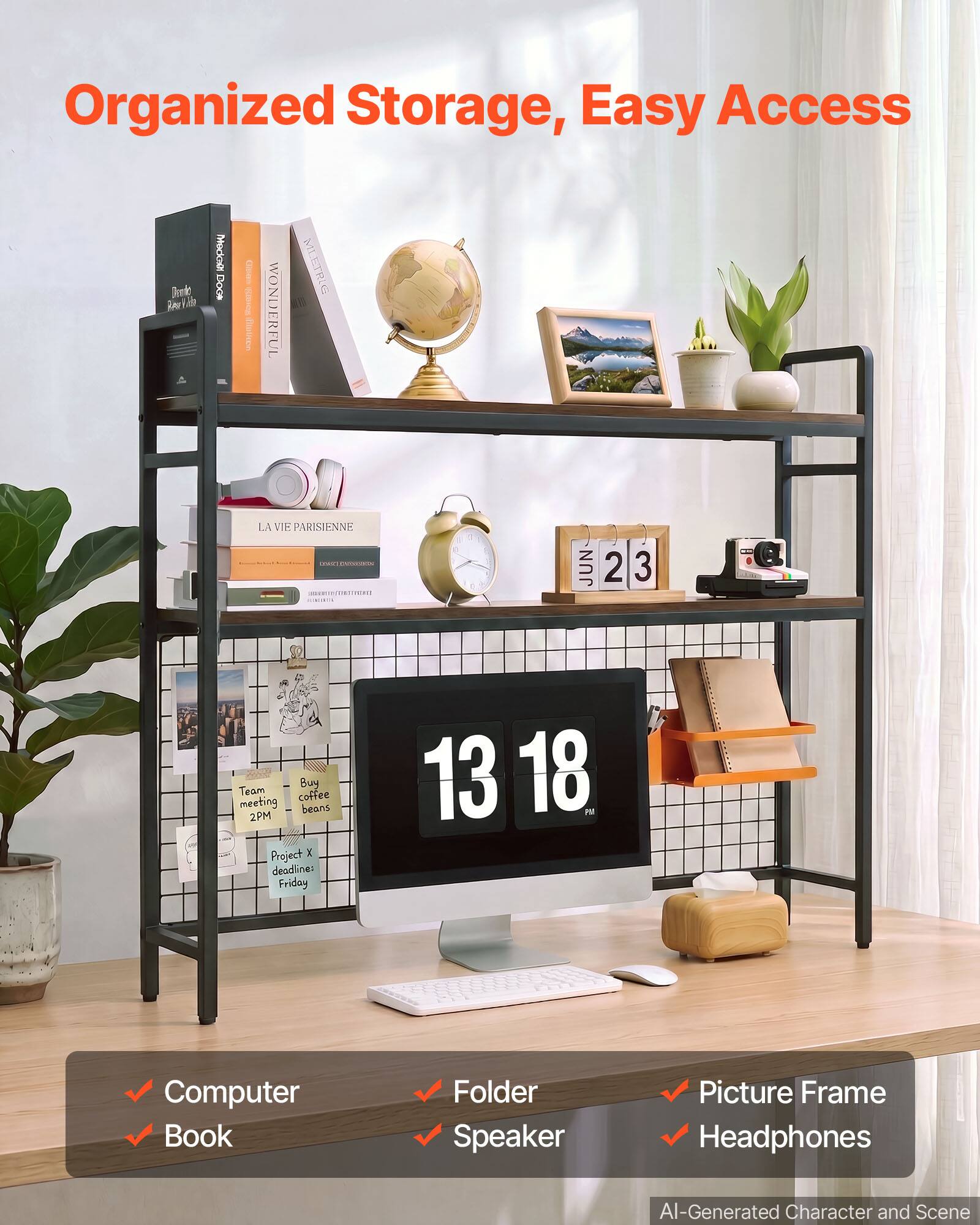 Organized Storage, Easy Access

WONDERFUL ETRIG A0 LA VIE PARISIENNE C - - - 1 1 . - JUN 23 2 3

Buy Team coffee meeting beans 2PM Project x deadline: Friday 13 18 FM

Computer Book Folder Speaker Picture Frame Headphones

AI-Generated Character and Scene