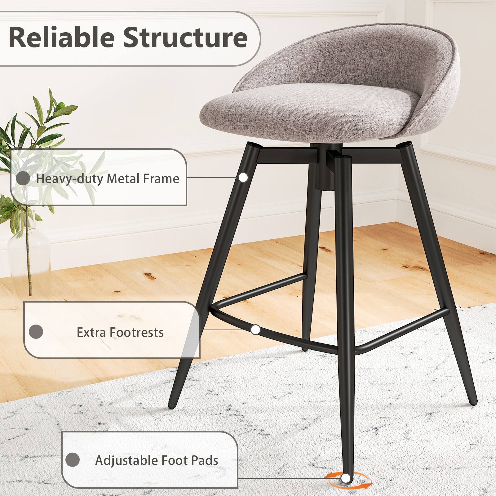 Reliable Structure

- Heavy-duty Metal Frame
- Extra Footrests
- Adjustable Foot Pads