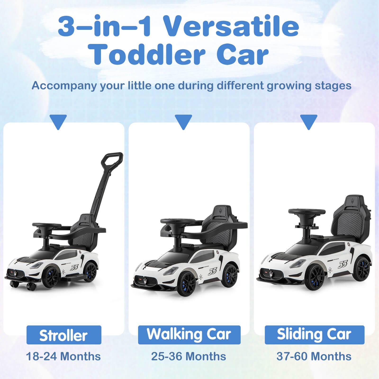3-in-1 Versatile Toddler Car  
Accompany your little one during different growing stages  

Stroller  
18-24 Months  

Walking Car  
25-36 Months  

Sliding Car  
37-60 Months