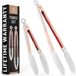 Zulay Kitchen - Stainless Steel Locking Cooking Tongs with Silicone Tips - Set of 2 (9” & 12”) - White