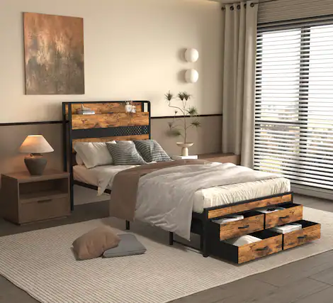 Front. LUCKY ONE - Twin Size Bed Frames with Storage Drawers - Brown.