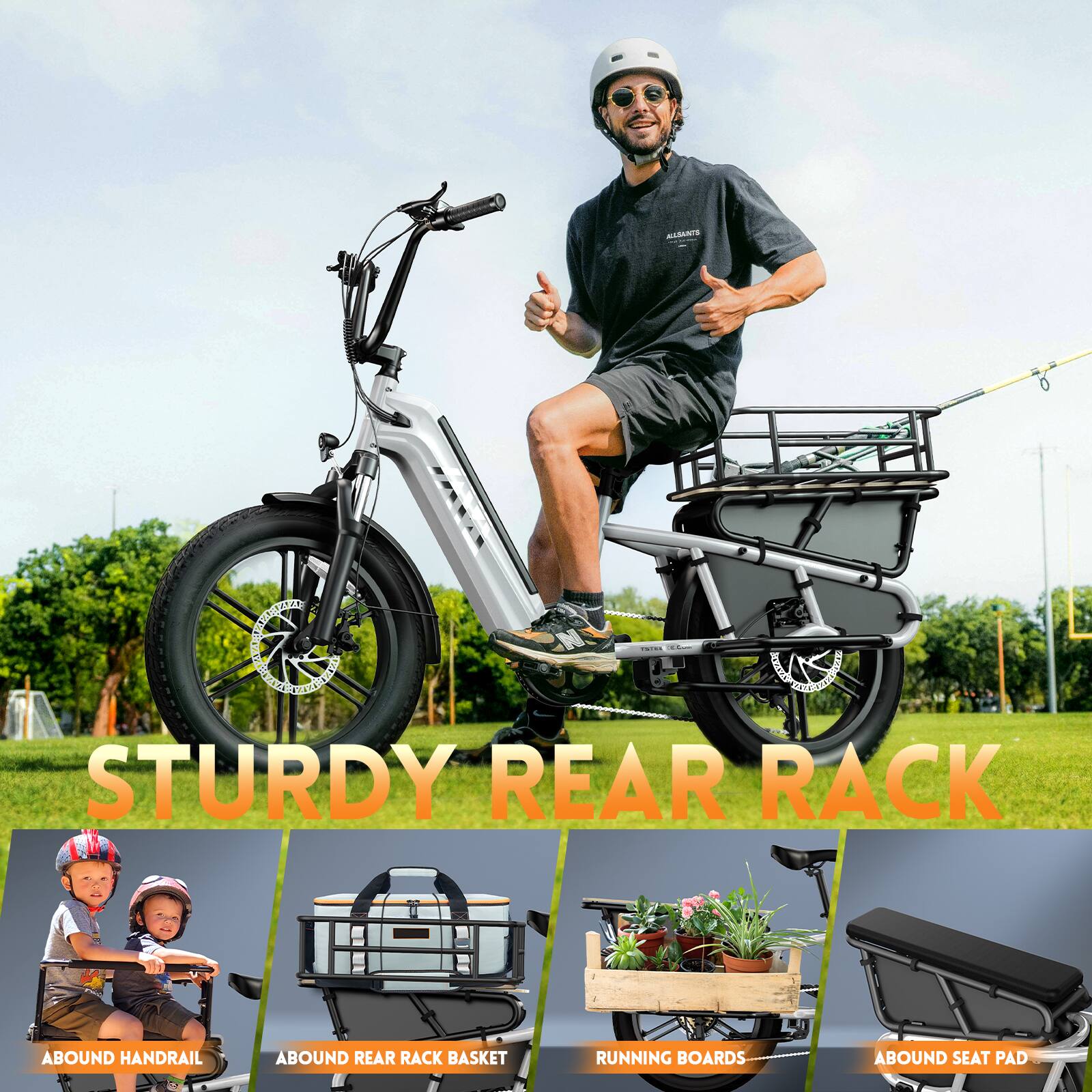 - STURDY REAR RACK
- ABOUND HANDRAIL
- ABOUND REAR RACK BASKET
- RUNNING BOARDS
- ABOUND SEAT PAD