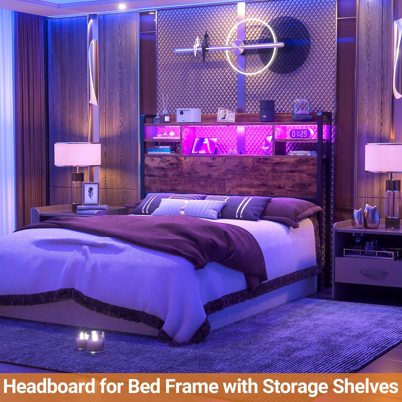 Headboard for Bed Frame with Storage Shelves