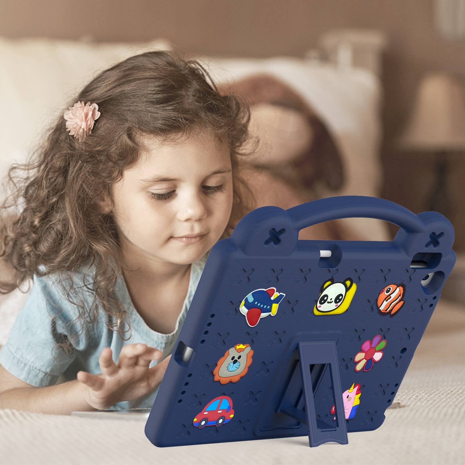 Alt View 3. UUCOVER - Kids Case for iPad 9th 8th 7th Generation 10.2-inch (2021/2020/2019),Shockproof EVA Case Handle Adjustable Stand Cover - Navyblue.