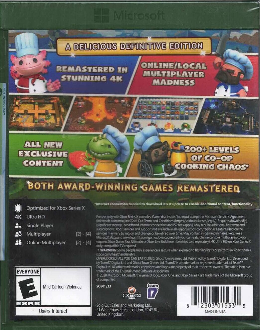 Microsoft  
A Delicious Definitive Edition  
Remastered in Stunning 4K  
Online/Local Multiplayer Madness  
All New Exclusive Content  
200+ Levels of Co-op Cooking Chaos*  
Both Award-Winning Games Remastered  

Optimized for Xbox Series X  
4K Ultra HD  
Single Player  
Multiplayer  
Online Multiplayer  

*Internet connection needed to download latest update to enable additional content/functionality.  
For use only with Xbox Series X consoles. Game disc inside. You must accept the Microsoft Services Agreement (microsoft.com/msa) and Microsoft Terms of Use (microsoft.com/msatoe). Requires download(s). Significant storage, broadband internet connection, and ISP fees apply. May require additional hardware and subscriptions. Xbox services and support may vary by region (xbox.com/regions). Features and online services may change or be retired over time. May contain in-game purchases. Requires Microsoft Account. Online console multiplayer/co-op requires Xbox Game Pass Ultimate or Xbox Live Gold (memberships sold separately). 4K Ultra HD on Xbox Series X only. Compatible TV required.  

WARNING: Some people may experience a seizure when exposed to flashing lights or patterns in video games.  

EVERYONE  
Mild Cartoon Violence  
Users Interact  

