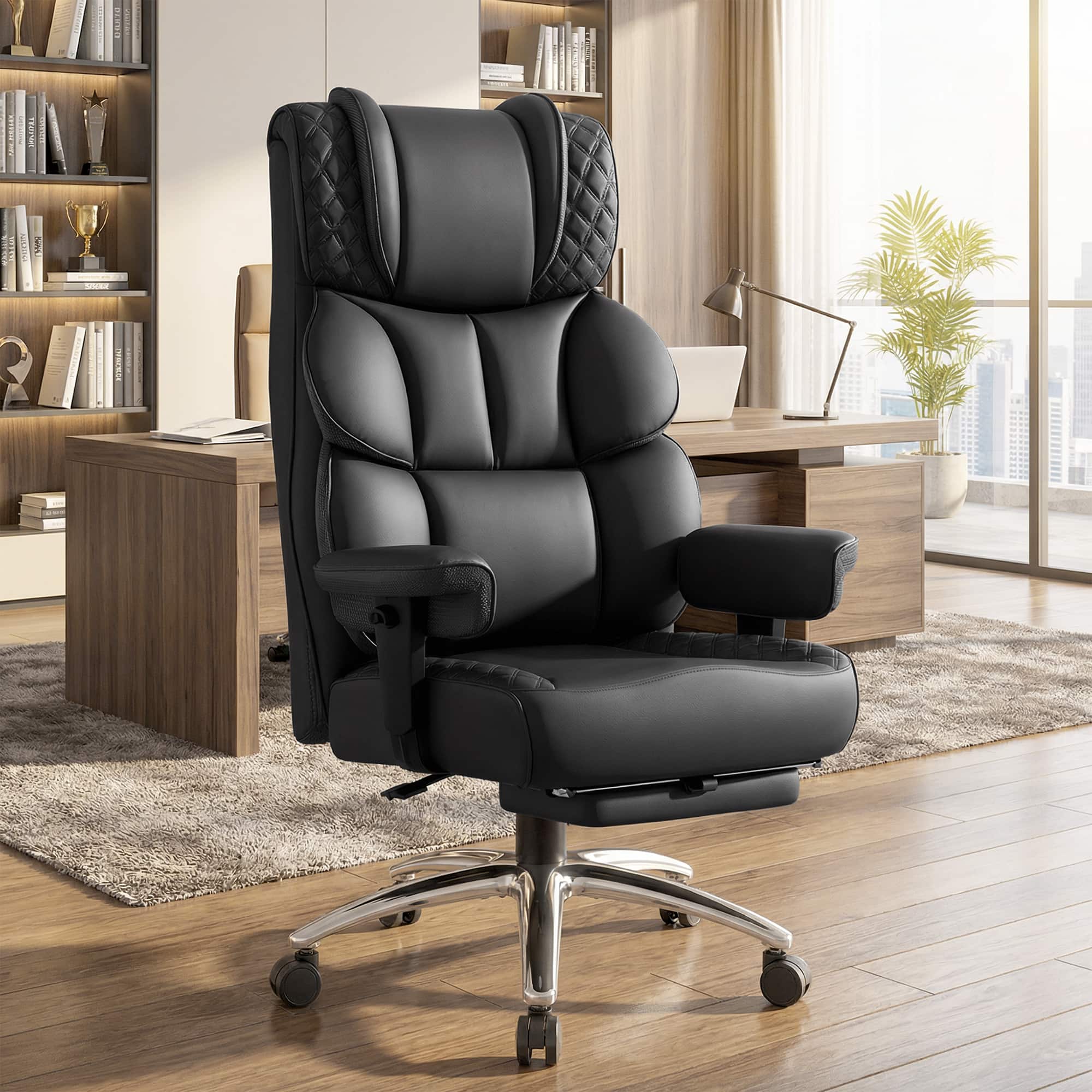 Front. KERDOM - Big Tall Executive PU Leather Chair with Footrest & Lumbar Pillow, High Back Reclining Office Chair, Swivel Boss Chair - Black.