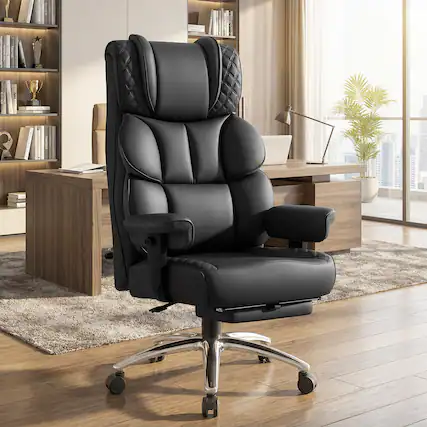 Front. KERDOM - Big Tall Executive PU Leather Chair with Footrest & Lumbar Pillow, High Back Reclining Office Chair, Swivel Boss Chair - Black.