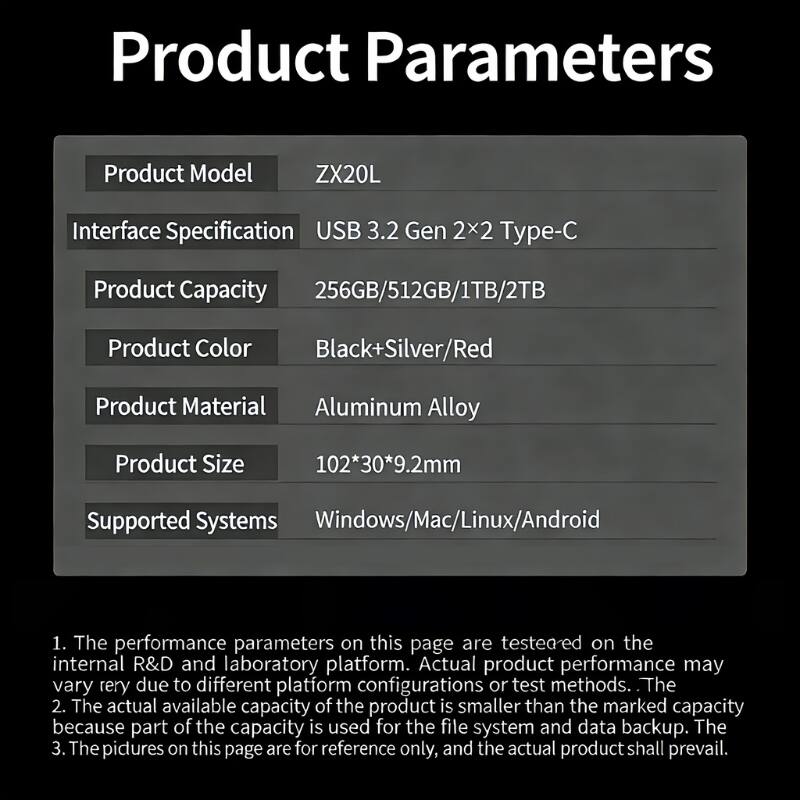 Product Parameters

- Product Model: ZX20L
- Interface Specification: USB 3.2 Gen 2x2 Type-C
- Product Capacity: 256GB/512GB/1TB/2TB
- Product Color: Black+Silver/Red
- Product Material: Aluminum Alloy
- Product Size: 102*30*9.2mm
- Supported Systems: Windows/Mac/Linux/Android

1. The performance parameters on this page are tested on the internal R&D and laboratory platform. Actual product performance may vary due to different platform configurations or test methods.
2. The actual available capacity of the product is smaller than the marked capacity because part of the capacity is used for the file system and data backup.
3. The pictures on this page are for reference only, and the actual product shall prevail.