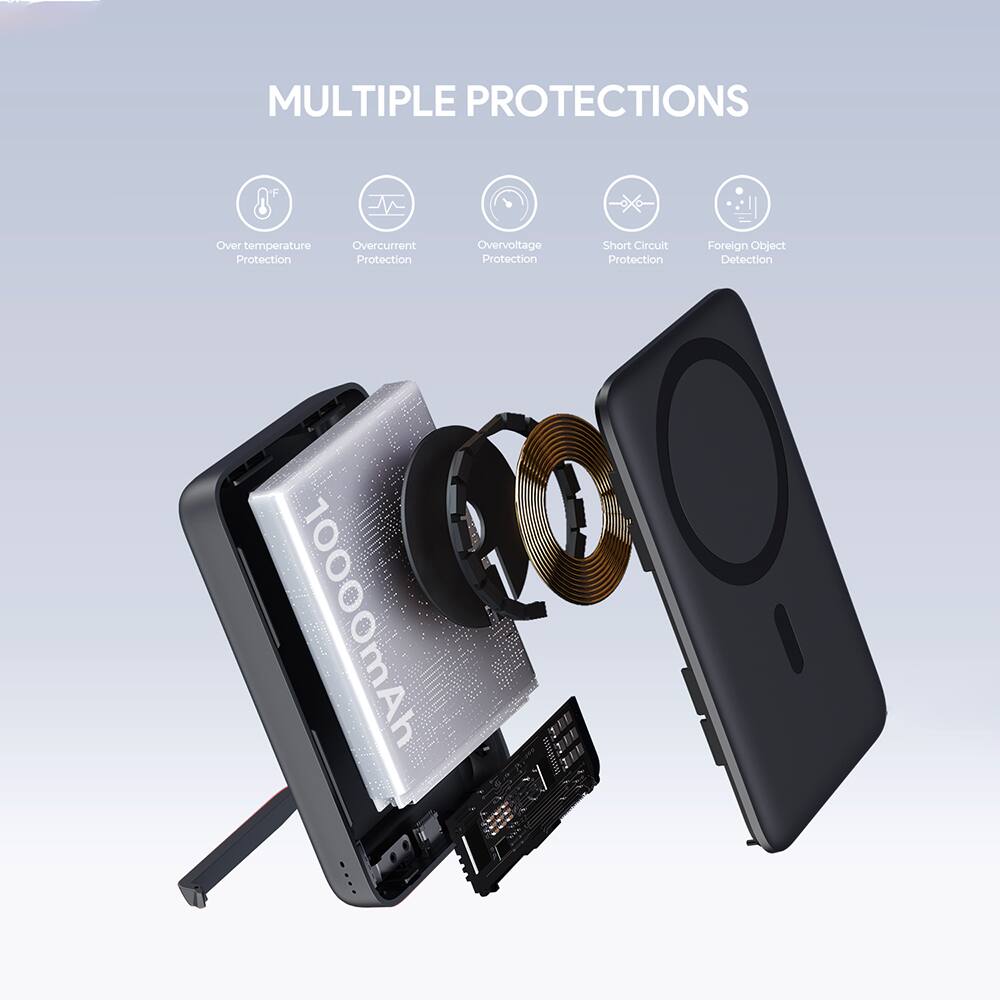 The image shows a cell phone with a protective case and a screen protector. The phone is described as having multiple protections, including temperature protection, overcurrent protection, overvoltage protection, short circuit protection, foreign object detection, and a 10000mAh battery.