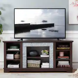 Chateau Abodes - 58" Modern TV Stand Stone Entertainment Console with Open Storage for TV Up to 65" - Cherry