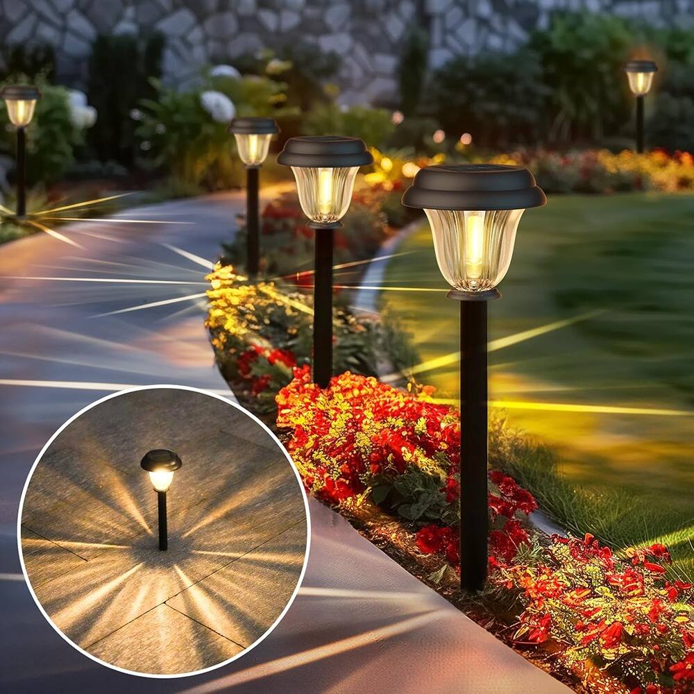 Back. MOSZAR LLC - Solar Lights Outdoor 6 Pack, Stainless Steel Glass Solar Pathway - Black.