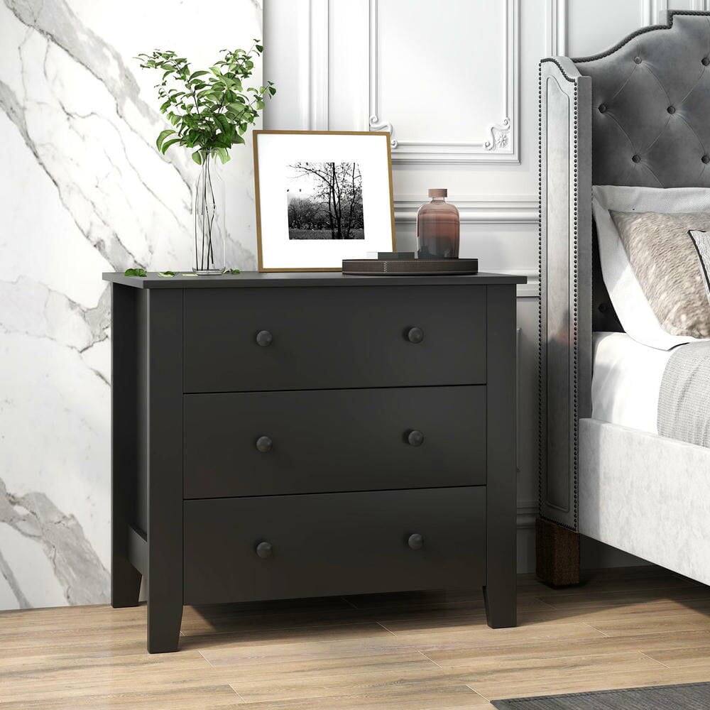Alt View 2. Kadyn - 3-Drawer Dresser Chest - Versatile Bedside Table with Functional Storage, Sleek Black Wood Grain Design - Black.