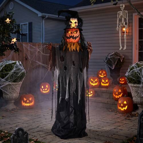 Alt View 9. Winado - 6FT Halloween Standing Pumpkin Head Skeleton Prop with Pop Out Skull, Sound for Indoor Outdoor Holiday Scary Decoration - Orange & Gray.