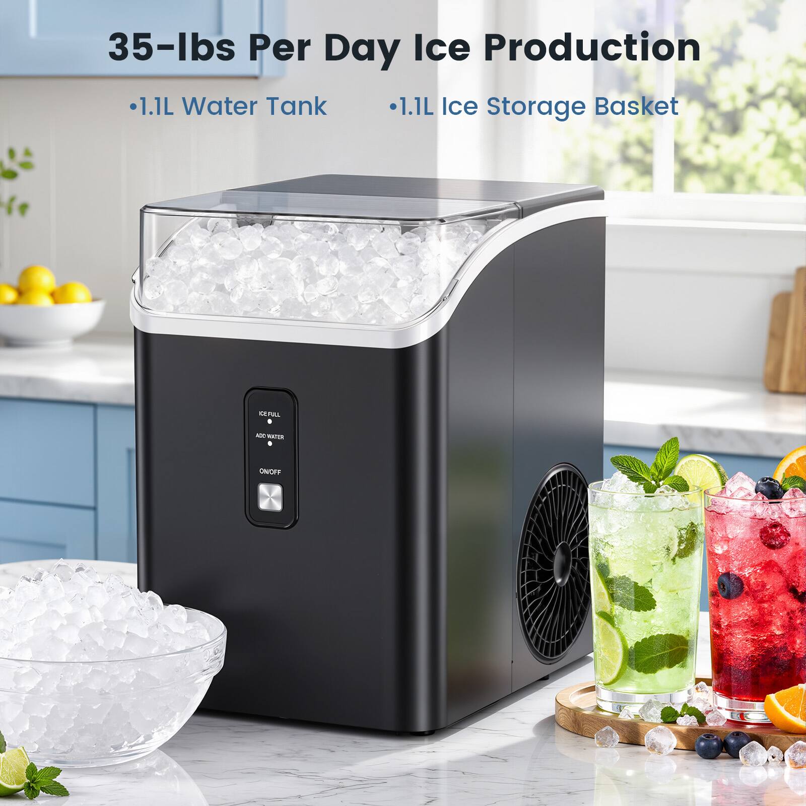 35-lbs Per Day Ice Production  
1.1L Water Tank  
1.1L Ice Storage Basket  

ICE FULL  
ADD WATER  
ON/OFF