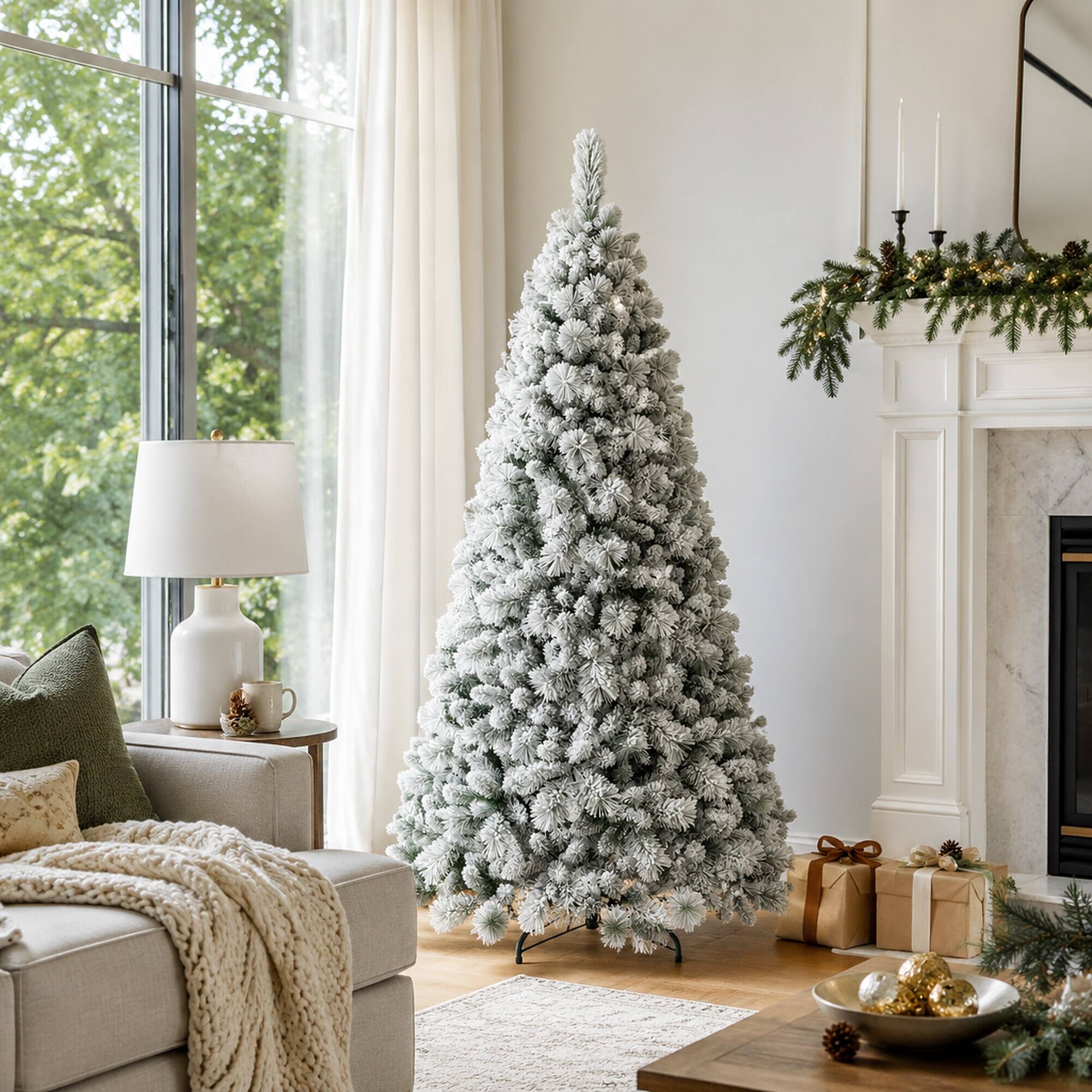 Back. RYHNUYNE - 4FT Flocked Christmas Tree, 350 Snowy PVC Hard Needle Branches Hinged Design Easy Setup Stable Metal Stand - Green,White.