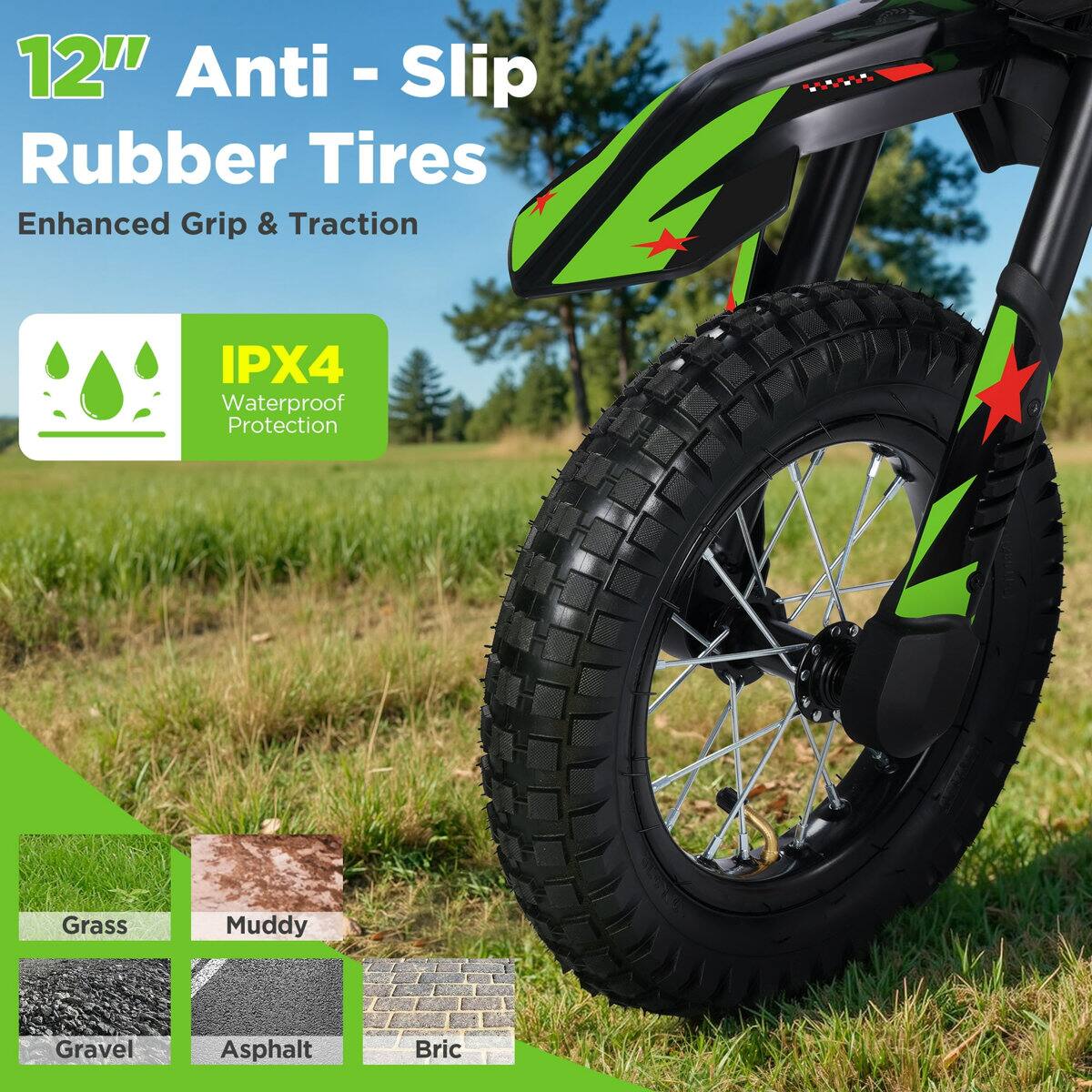 12" Anti-Slip Rubber Tires Enhanced Grip & Traction IPX4 Waterproof Protection Grass Muddy Gravel Asphalt Brick