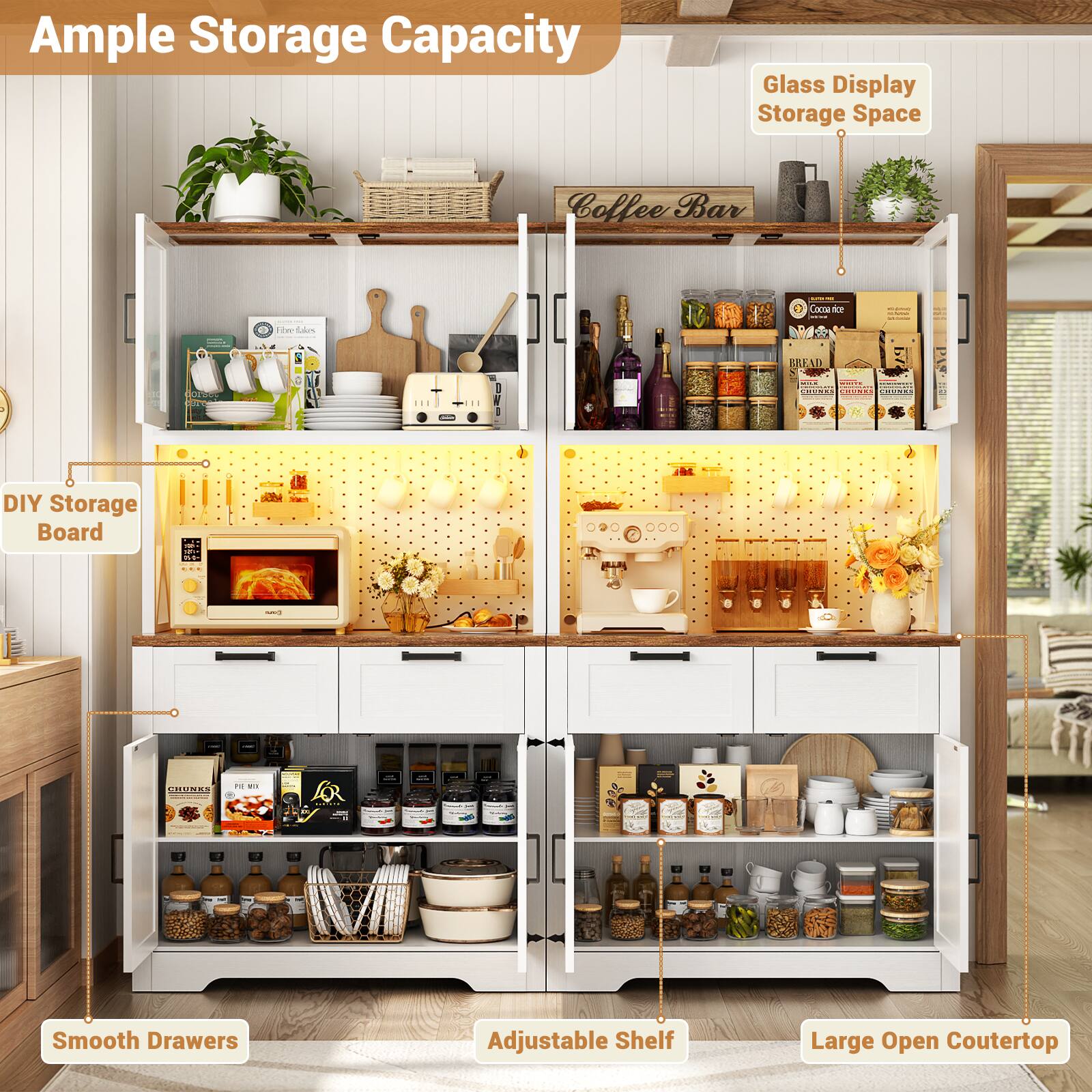 Ample Storage Capacity  
Glass Display Storage Space  
Coffee Bar  
DIY Storage Board  
Smooth Drawers  
Adjustable Shelf  
Large Open Countertop