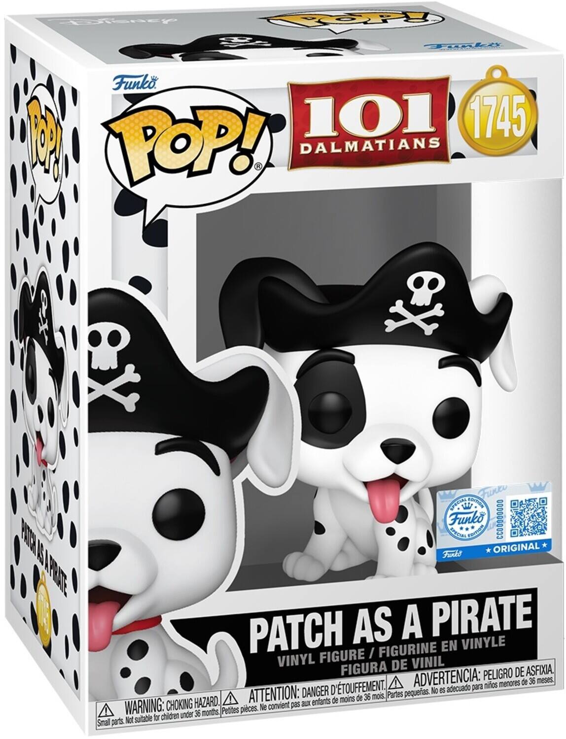 Funko POP! 101 Dalmatians  
1745  
Patch as a Pirate  
Vinyl Figure / Figurine en Vinyle / Figura de Vinil  
Original  
CC00000000  

Warning: Choking Hazard. Small parts. Not suitable for children under 36 months.  
Attention: Danger d'étouffement. Petites pièces. Ne convient pas aux enfants de moins de 36 mois.  
Advertencia: Peligro de asfixia. Piezas pequeñas. No es adecuado para niños menores de 36 meses.