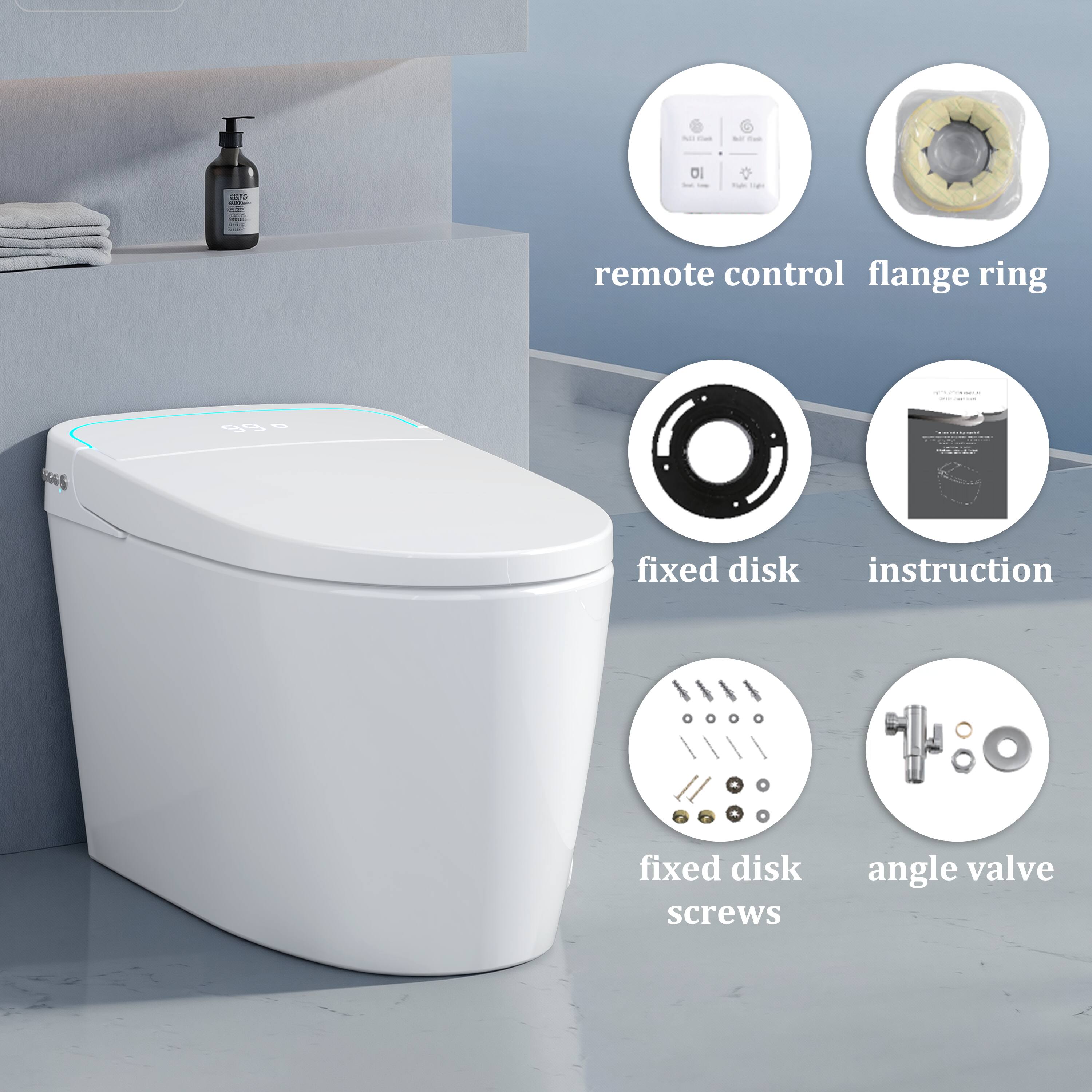 - Remote control
- Flange ring
- Fixed disk
- Instruction
- Fixed disk screws
- Angle valve