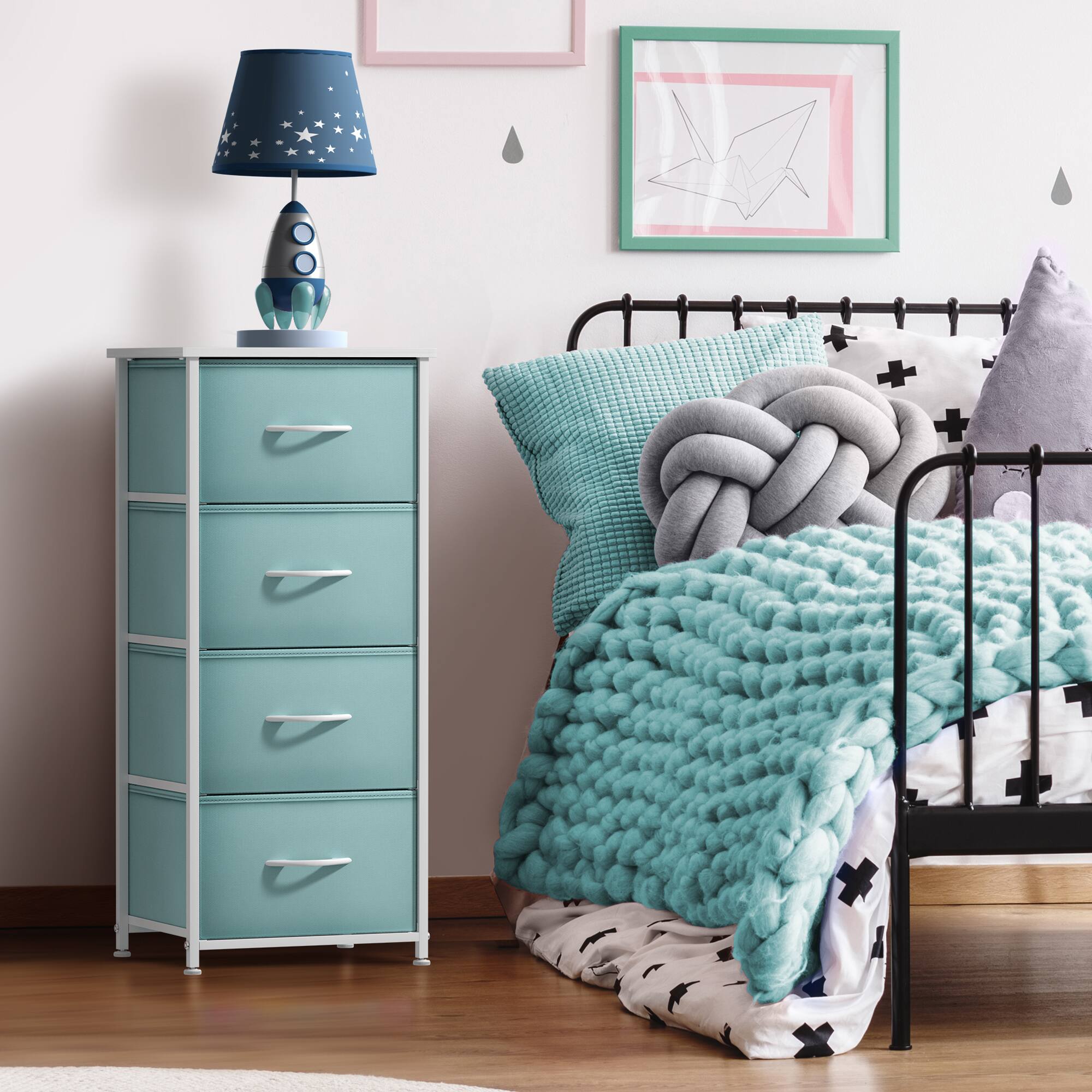 Alt View 1. Sorbus - Sorbus Nightstand with 4 Drawers, Bedside Furniture & Night Stand Dresser with Steel Frame, Wood Top, Fabric Bins - Aqua.
