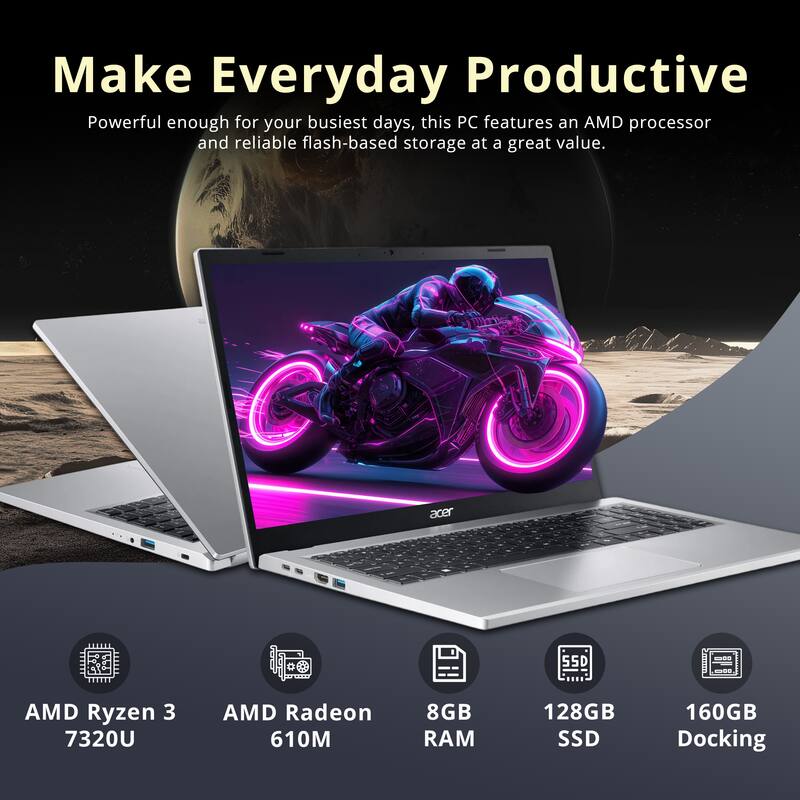 Make Everyday Productive

Powerful enough for your busiest days, this PC features an AMD processor and reliable flash-based storage at a great value.

acer
55D

- AMD Ryzen 3 7320U
- AMD Radeon 610M
- 8GB RAM
- 128GB SSD
- 160GB Docking