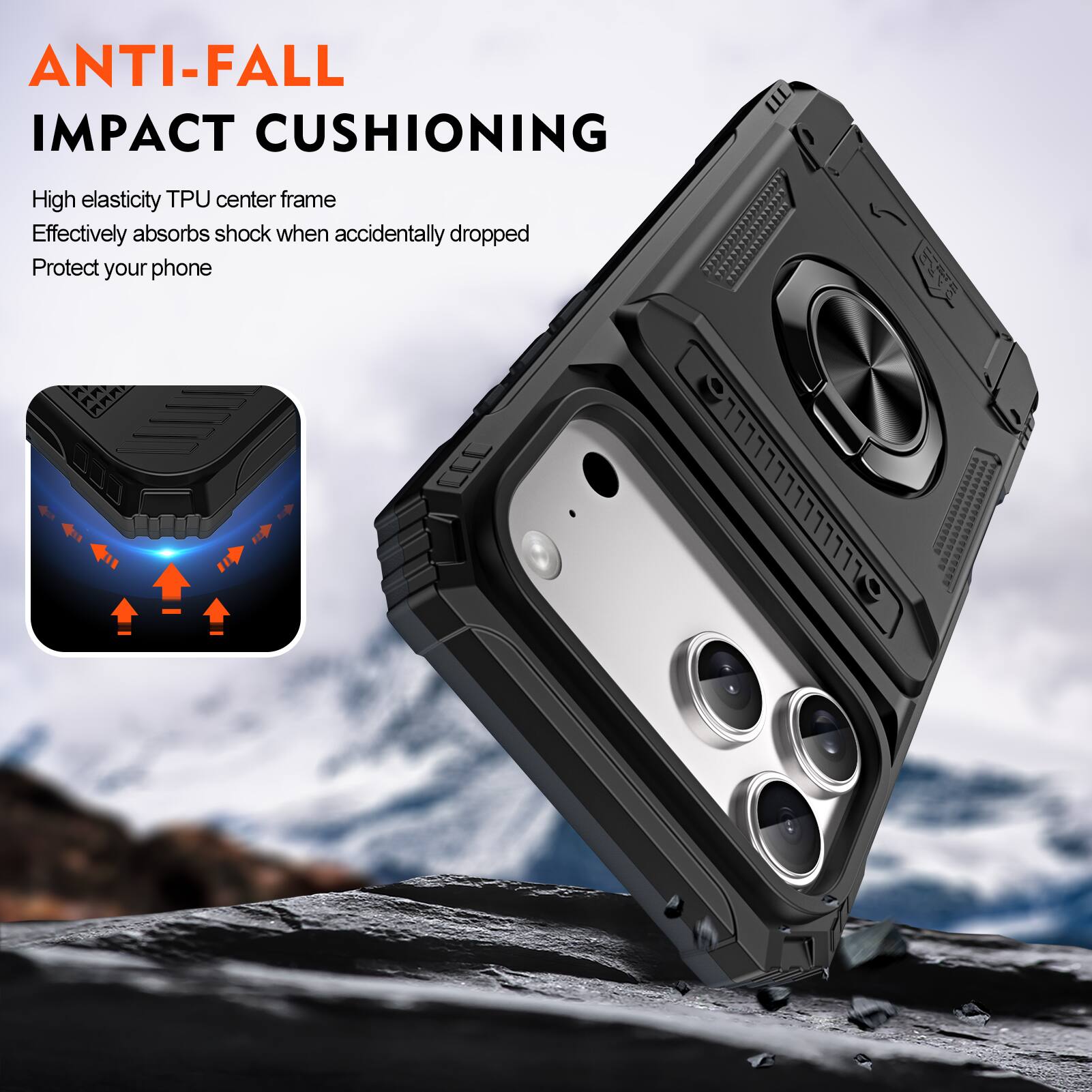 ANTI-FALL IMPACT CUSHIONING

High elasticity TPU center frame
Effectively absorbs shock when accidentally dropped
Protect your phone