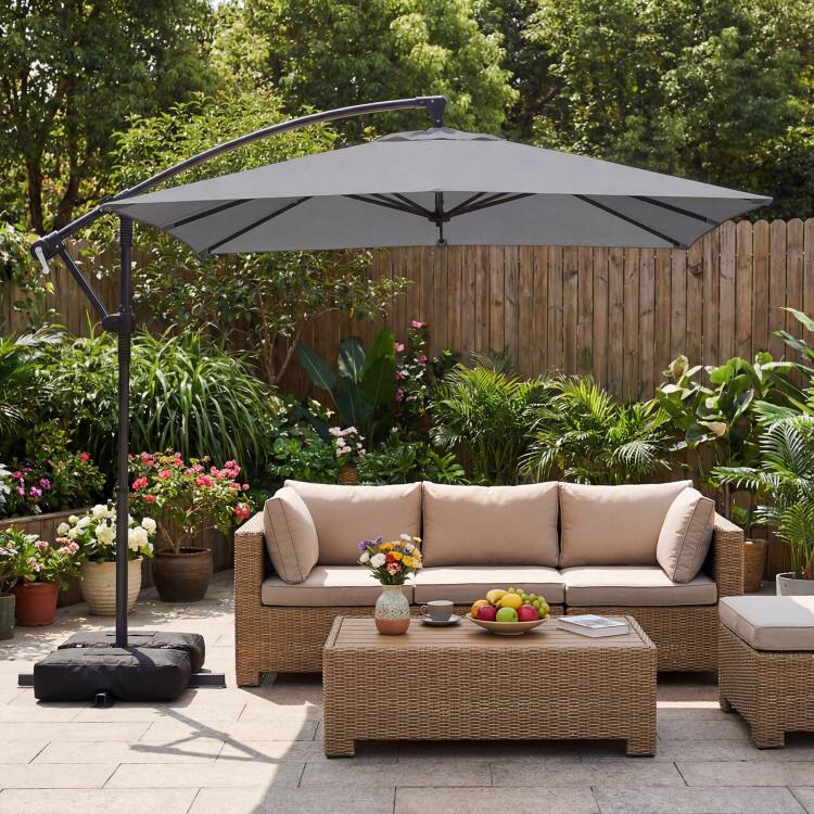 Angle. Mondawe - 8x8 FT Offset Cantilever Square Patio Umbrella 360 Rotation with Base - Gray.