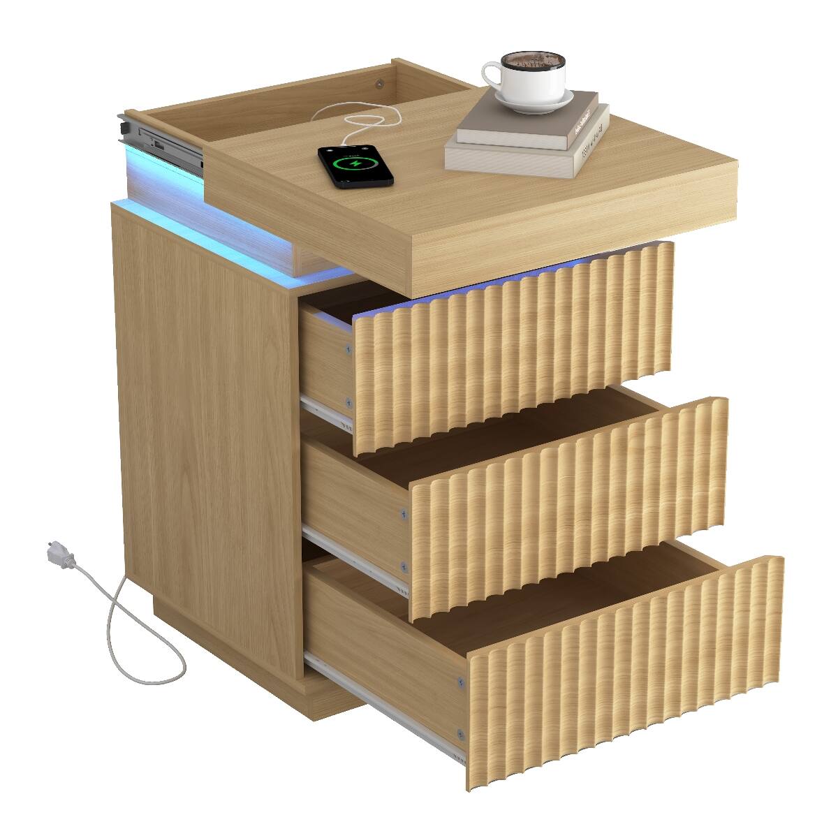 Alt View 8. Loheer - Loheer Natural Nightstand Set of 2 with Charging Station and LED Lights - Natural.