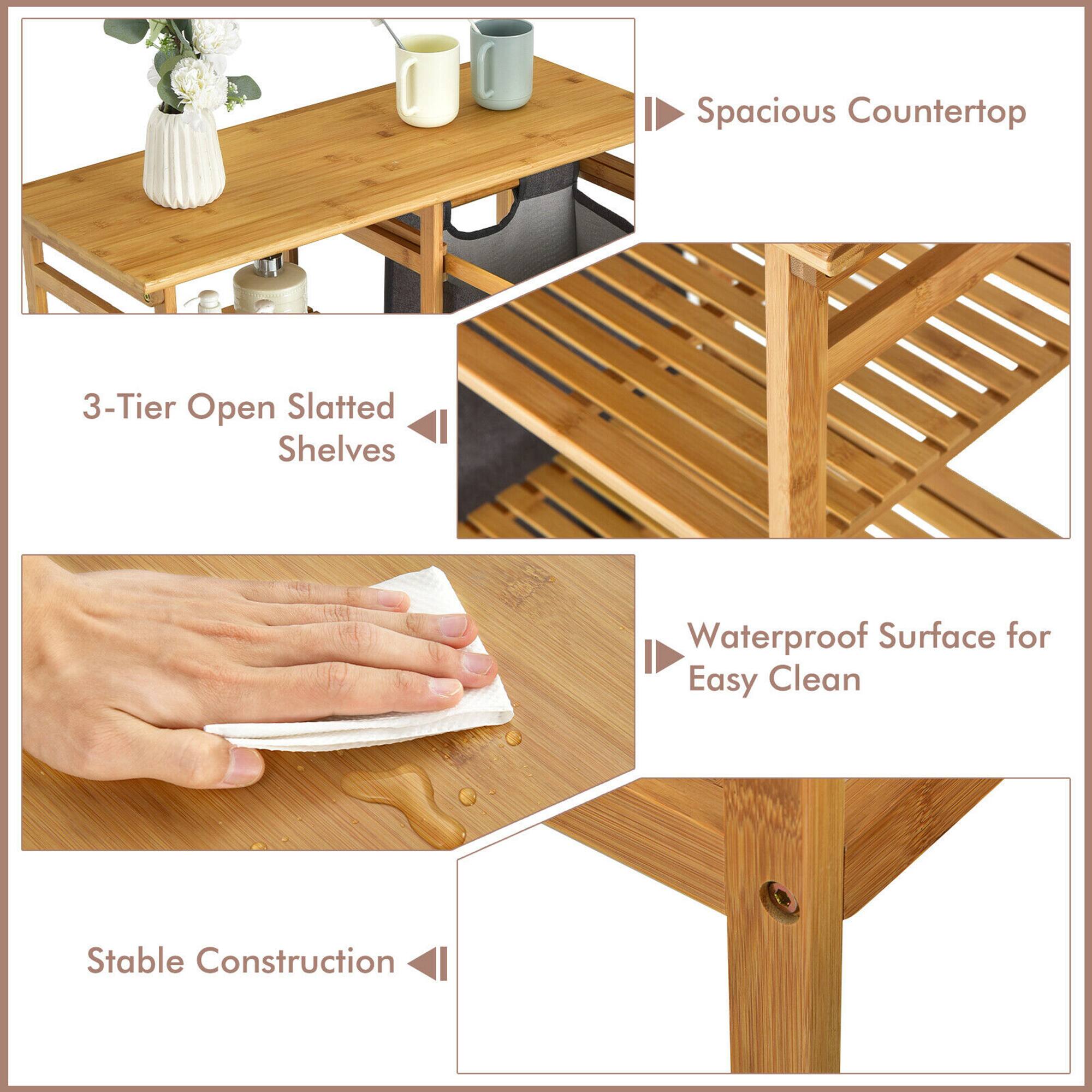 - Spacious Countertop
- 3-Tier Open Slatted Shelves
- Waterproof Surface for Easy Clean
- Stable Construction