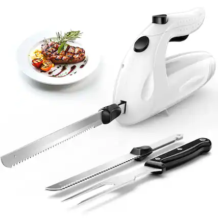 Front. KEINVE - Electric Knife With Handle, 150W Powerful Electric Knife Set for Carving Meats, Bread, Serving Fork and 2 Carving Blades - White.