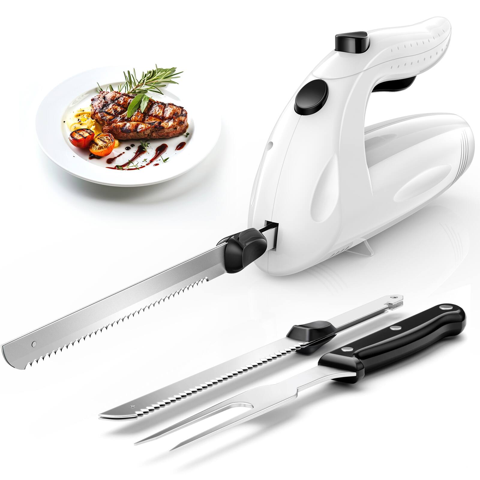 KEINVE - Electric Knife With Handle, 150W Powerful Electric Knife Set for Carving Meats, Bread, Serving Fork and 2 Carving Blades - White