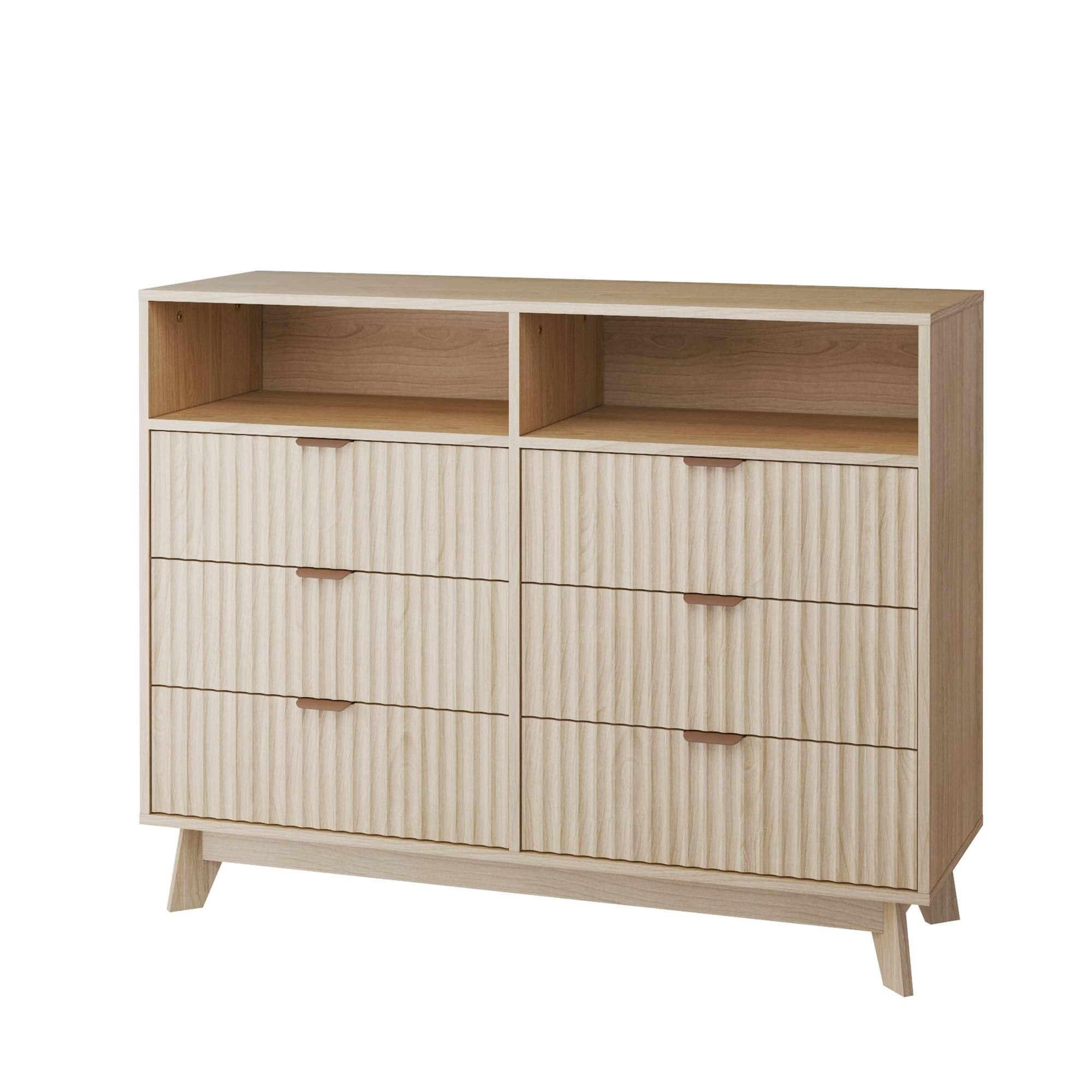 Alt View 4. U-HOMY - 46.5" Fluted 6-Drawer Dresser with Open Storage, Mid Century Modern Wooden Dresser TV Stand for Bedroom & Living Room - Wood Color.