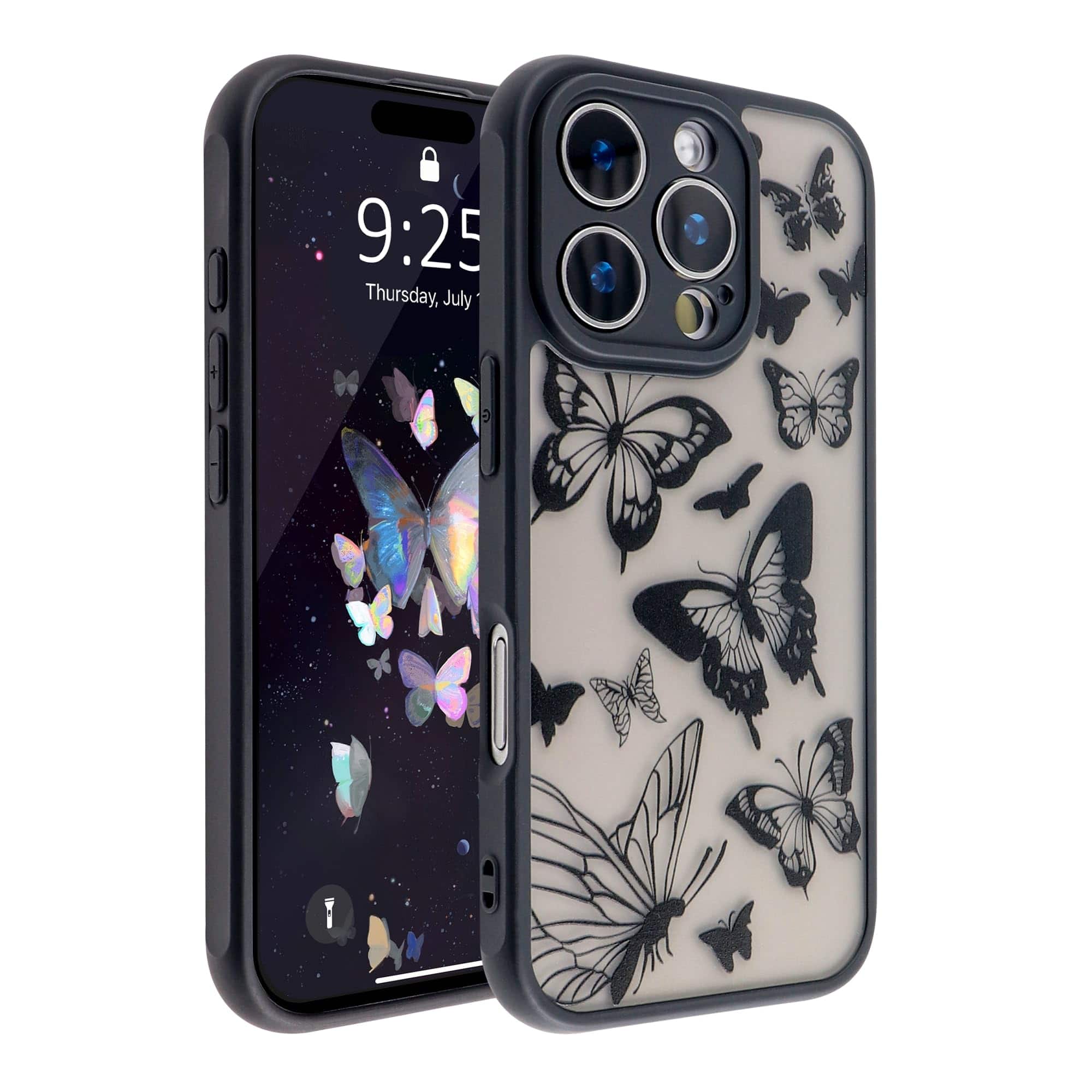 Dazzed Corner - Soft TPU Bumper Hard PC Back Slim Shockproof Protective Translucent Matte Case Cover for iPhone 16 Pro Max, 6.9inch - Butterfly