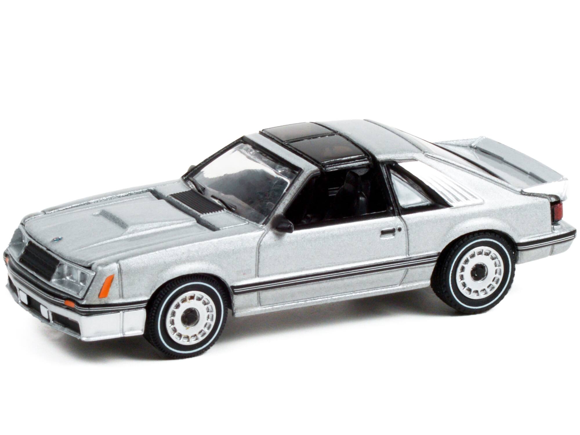 Alt View 1. Greenlight - 1982 Ford Mustang GT 5.0 Silver Metallic with Black Stripes "Greenlight Muscle" Series 26 1/64 Model Car by Greenlight.