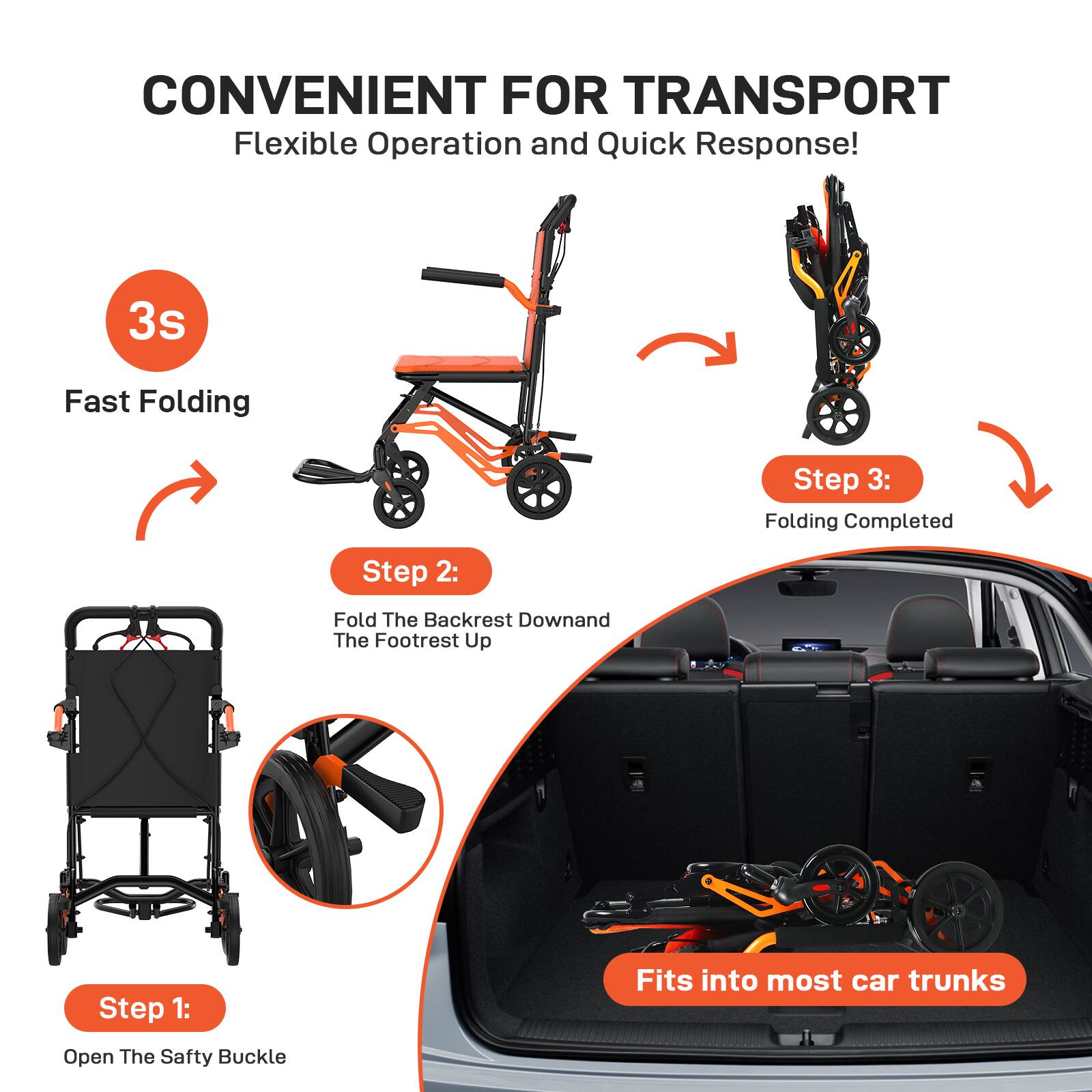 CONVENIENT FOR TRANSPORT  
Flexible Operation and Quick Response!  

3s  
Fast Folding  

Step 1:  
Open The Safety Buckle  

Step 2:  
Fold The Backrest Down and The Footrest Up  

Step 3:  
Folding Completed  

Fits into most car trunks