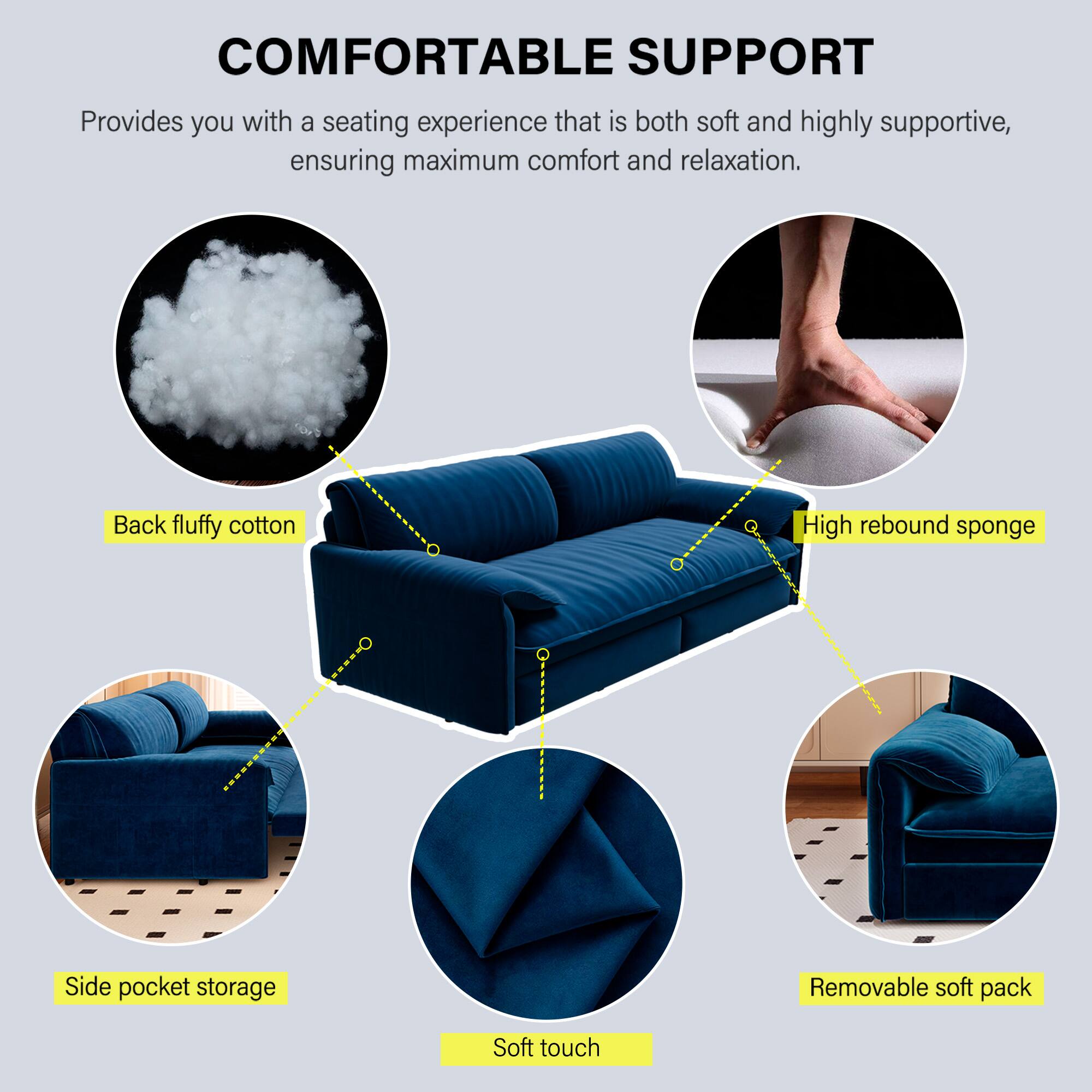 COMFORTABLE SUPPORT

Provides you with a seating experience that is both soft and highly supportive, ensuring maximum comfort and relaxation.

- Back fluffy cotton
- High rebound sponge
- Side pocket storage
- Removable soft pack
- Soft touch