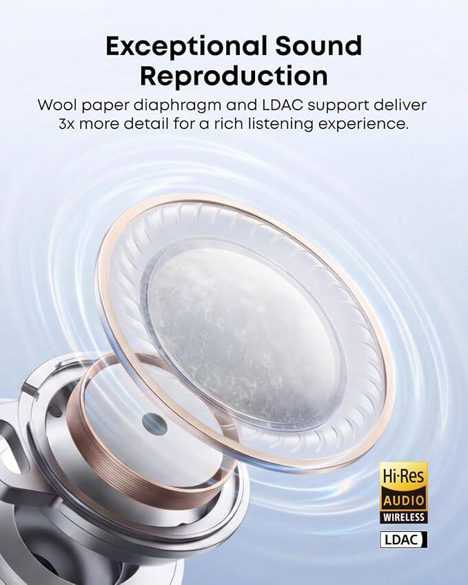 Exceptional Sound Reproduction  
Wool paper diaphragm and LDAC support deliver 3x more detail for a rich listening experience.  
Hi-Res AUDIO WIRELESS  
LDAC