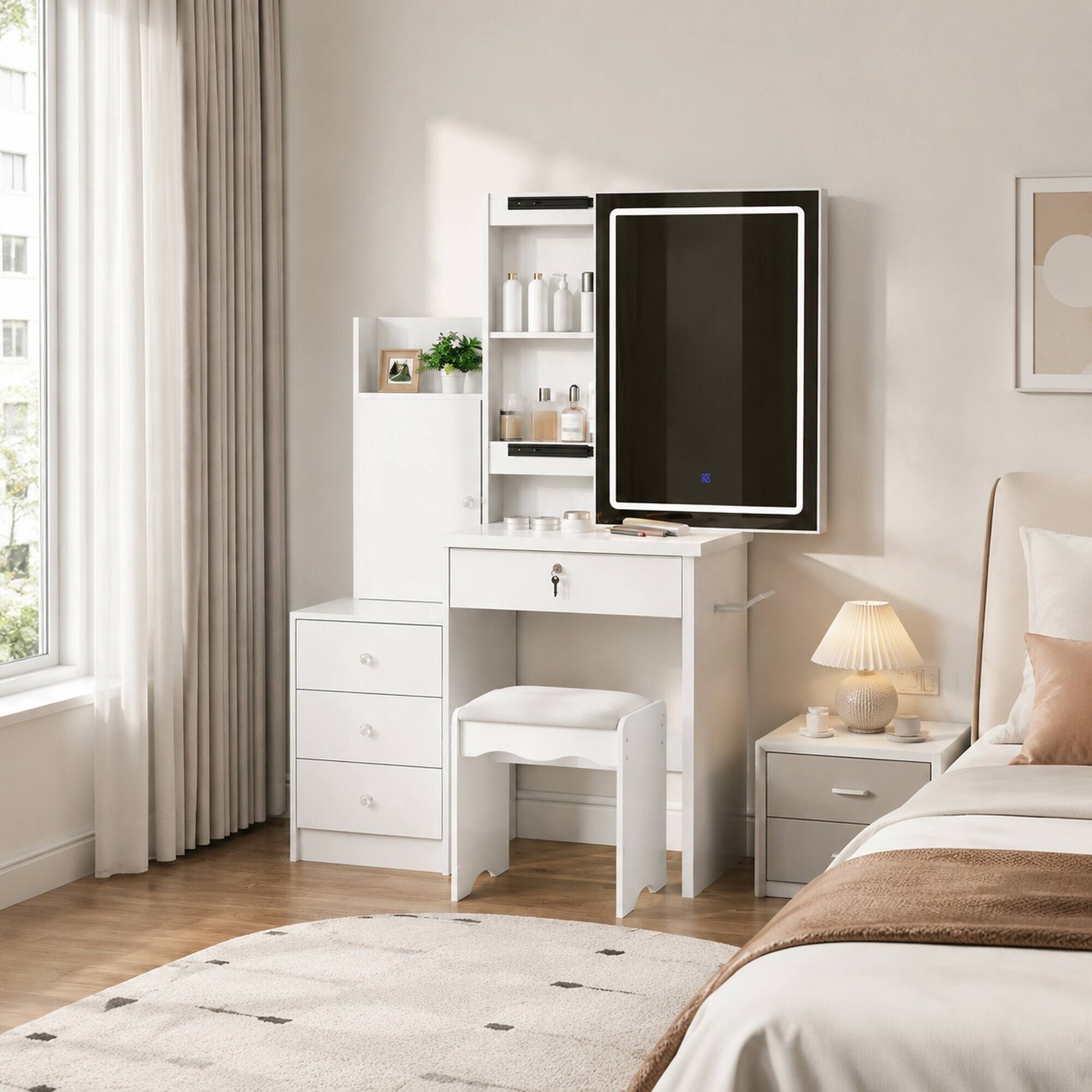 Back. RYHNUYNE - White Vanity Desk Set, Sliding Lighted Mirror, 4 Drawers, 9 Storage Spaces, Cushioned Stool, MDF - White.