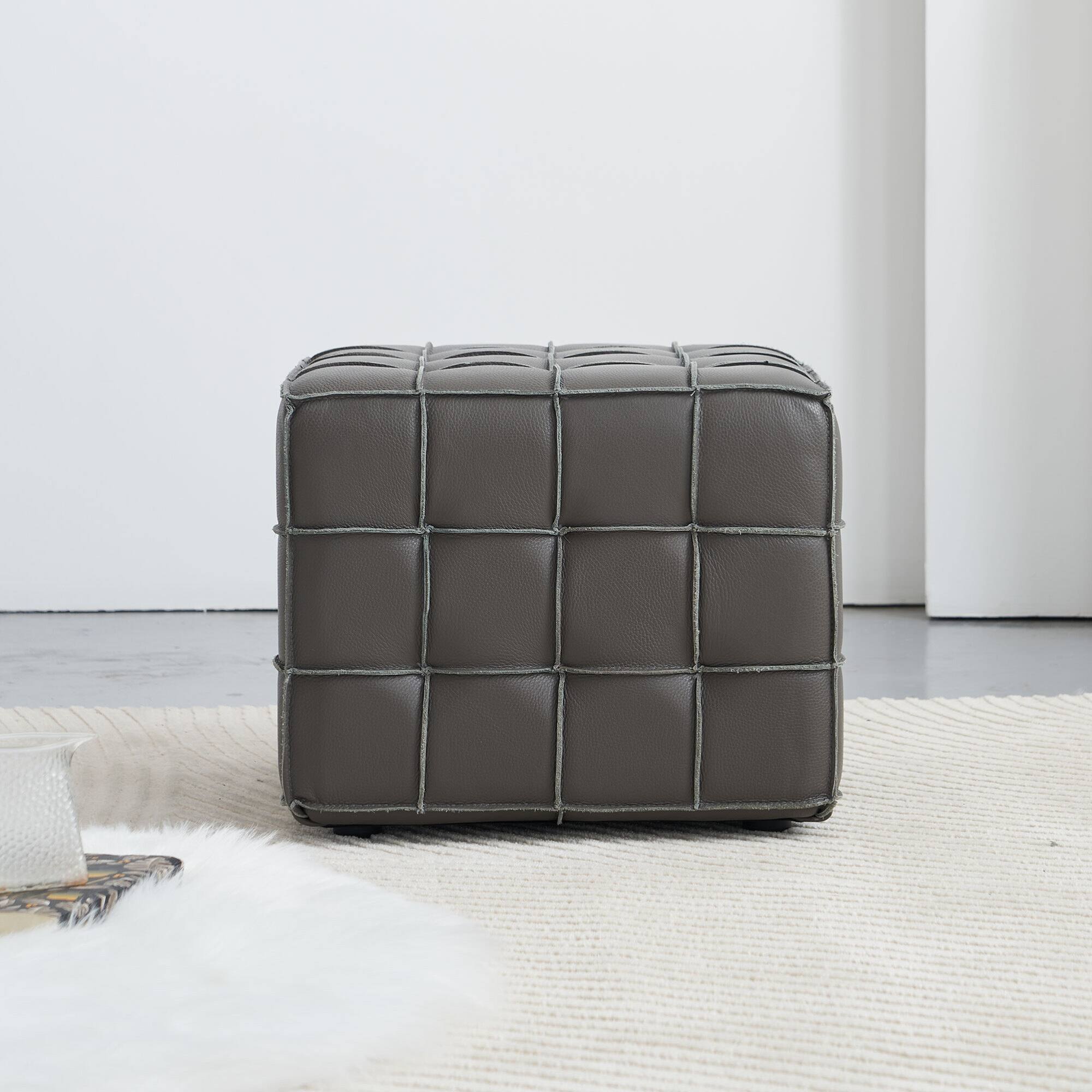 Alt View 5. GOODSILO - Genuine Leather Tufted Ottoman with Solid Wood Frame for Living Room and Bedroom Footrest and Seating - Grey.