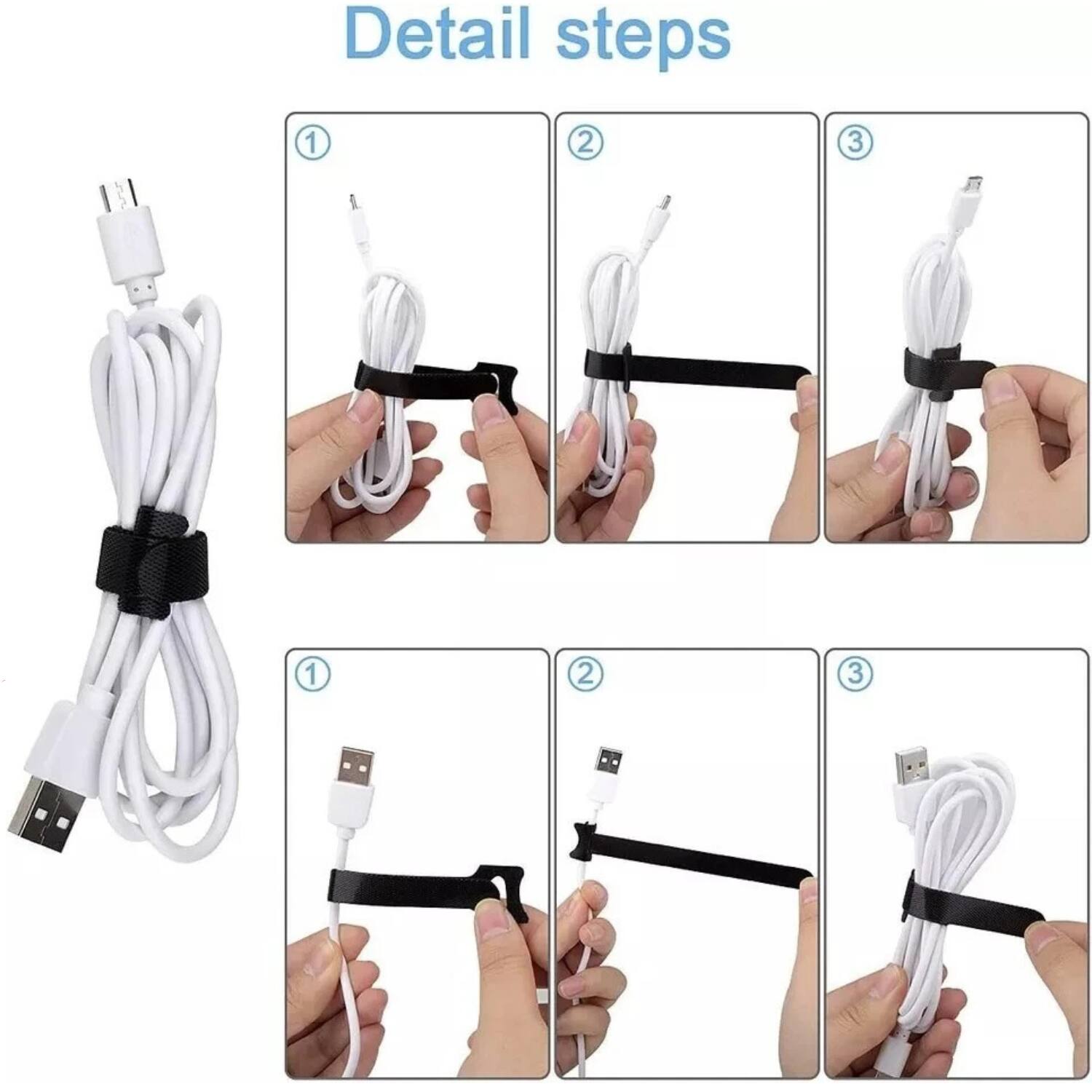 Detail steps

1. Wrap the cable with the black strap.
2. Secure the cable with the black strap.
3. Hold the cable with the black strap.

1. Wrap the cable with the black strap.
2. Secure the cable with the black strap.
3. Hold the cable with the black strap.