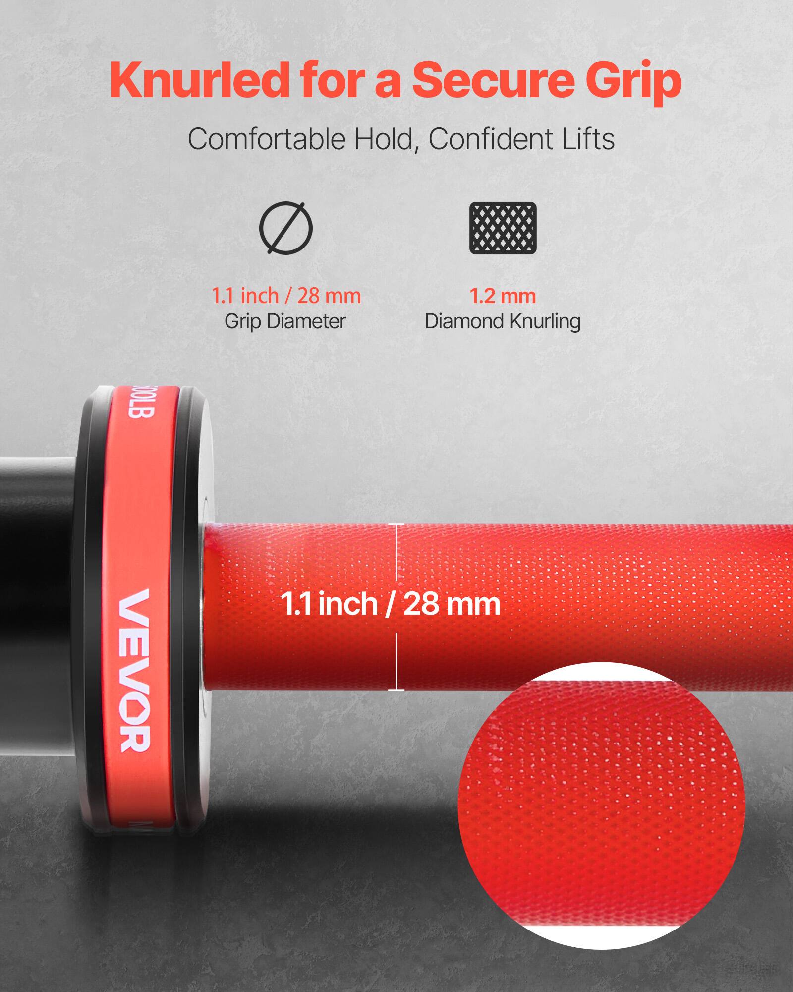 Knurled for a Secure Grip  
Comfortable Hold, Confident Lifts  

1.1 inch / 28 mm  
Grip Diameter  

1.2 mm  
Diamond Knurling  

DOLB VEVOR