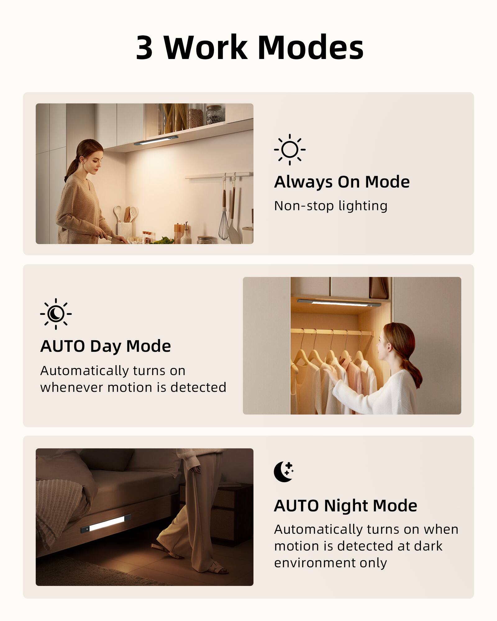3 Work Modes

- Always On Mode
  - Non-stop lighting

- AUTO Day Mode
  - Automatically turns on whenever motion is detected

- AUTO Night Mode
  - Automatically turns on when motion is detected at dark environment only