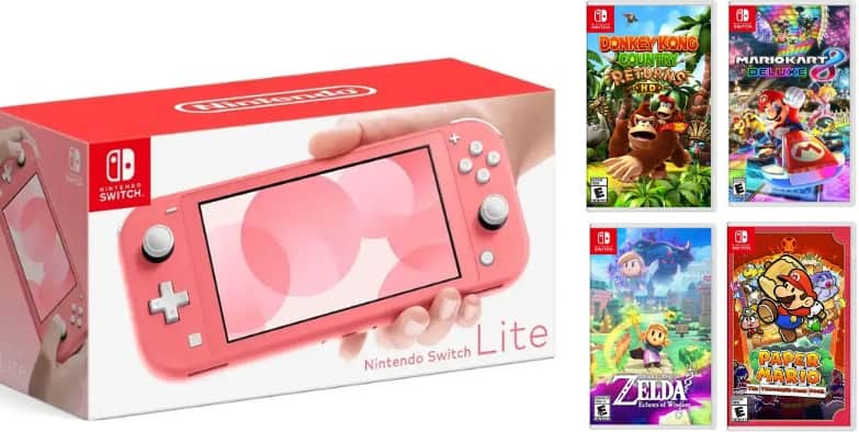 Switch Lite Coral Kids Bundle With Donkey Kong, Zelda, Mario Kart, & Paper Mario - Nintendo Switch