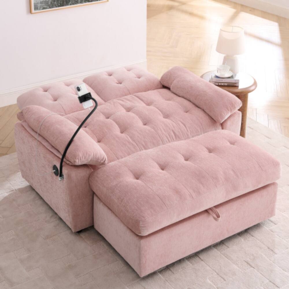 Left. LUCKY ONE - Double Sofa Recliner with Manual Adjustable Backrest,USB Port,Phone Stand and Storage Ottoman - Pink.