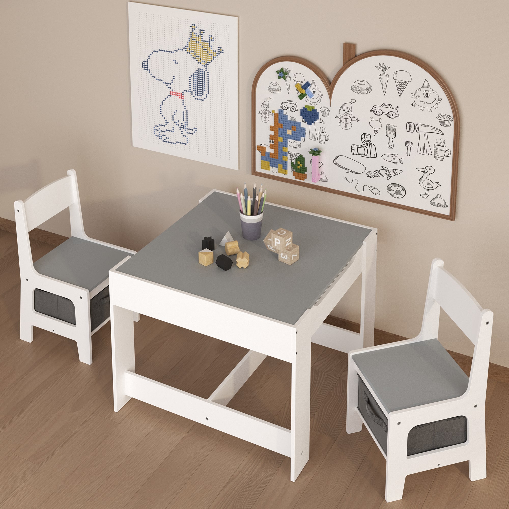 Tiramisubest - Kids Table and Chair Set,3 in 1 Toddlers Wooden Activity Table with Storage Drawer,2 in 1 Detachable Tabletop Table Set - White